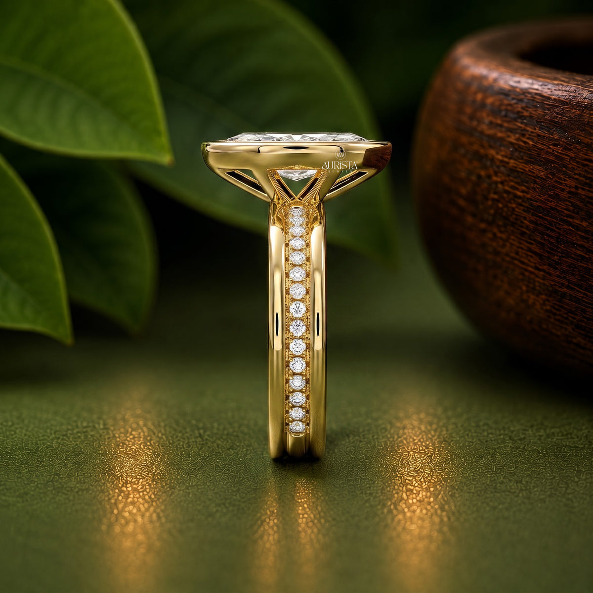 Marquise Lab Grown Diamond Ring, Bezel Setting Pave Side Stones, Yellow Gold Ring