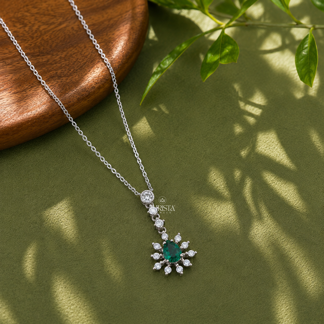 Green Pear Starburst Lab Grown in Diamond Pendant Luxury Statement Necklace