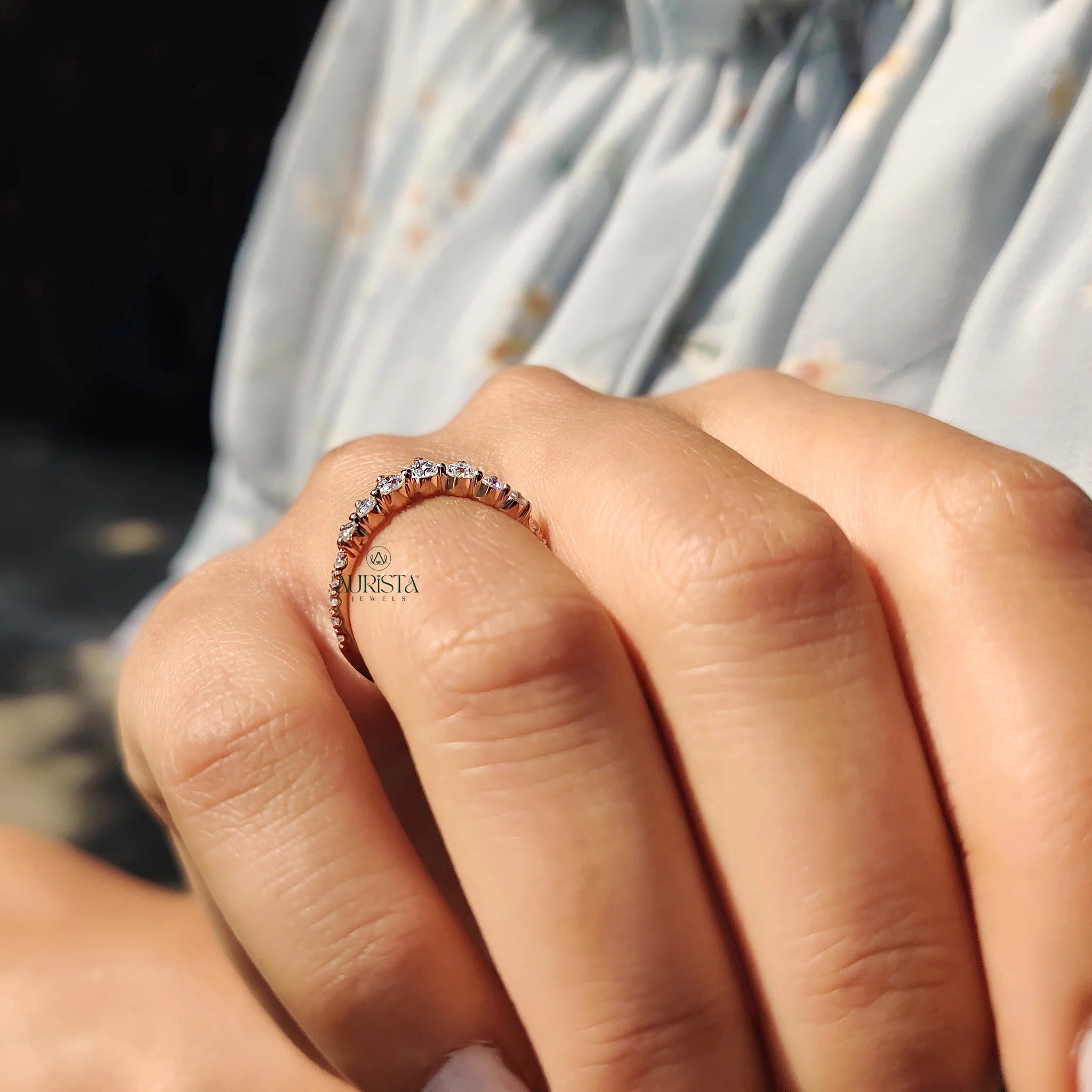 Moissanite Diamond Chevron Stackable Wedding Ring Rose Gold Dainty Curved Band