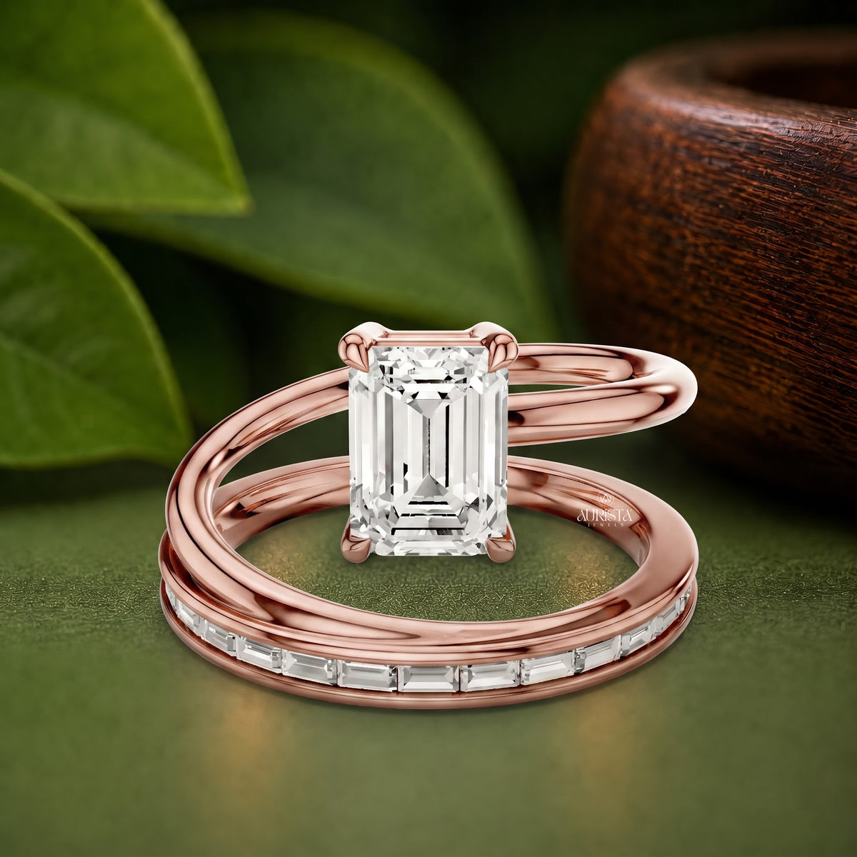 Emerald Lab Grown Diamond Ring Set, Rose Gold Spiral Bridal Band With Baguette Set