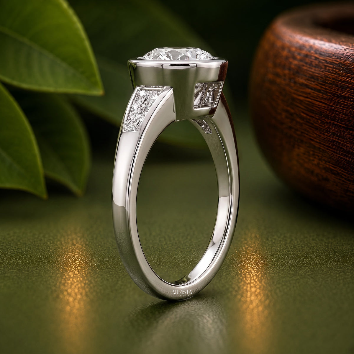 Round Moissanite Diamond Ring, Bezel Set White Gold With Tapered Baguette Side Stones