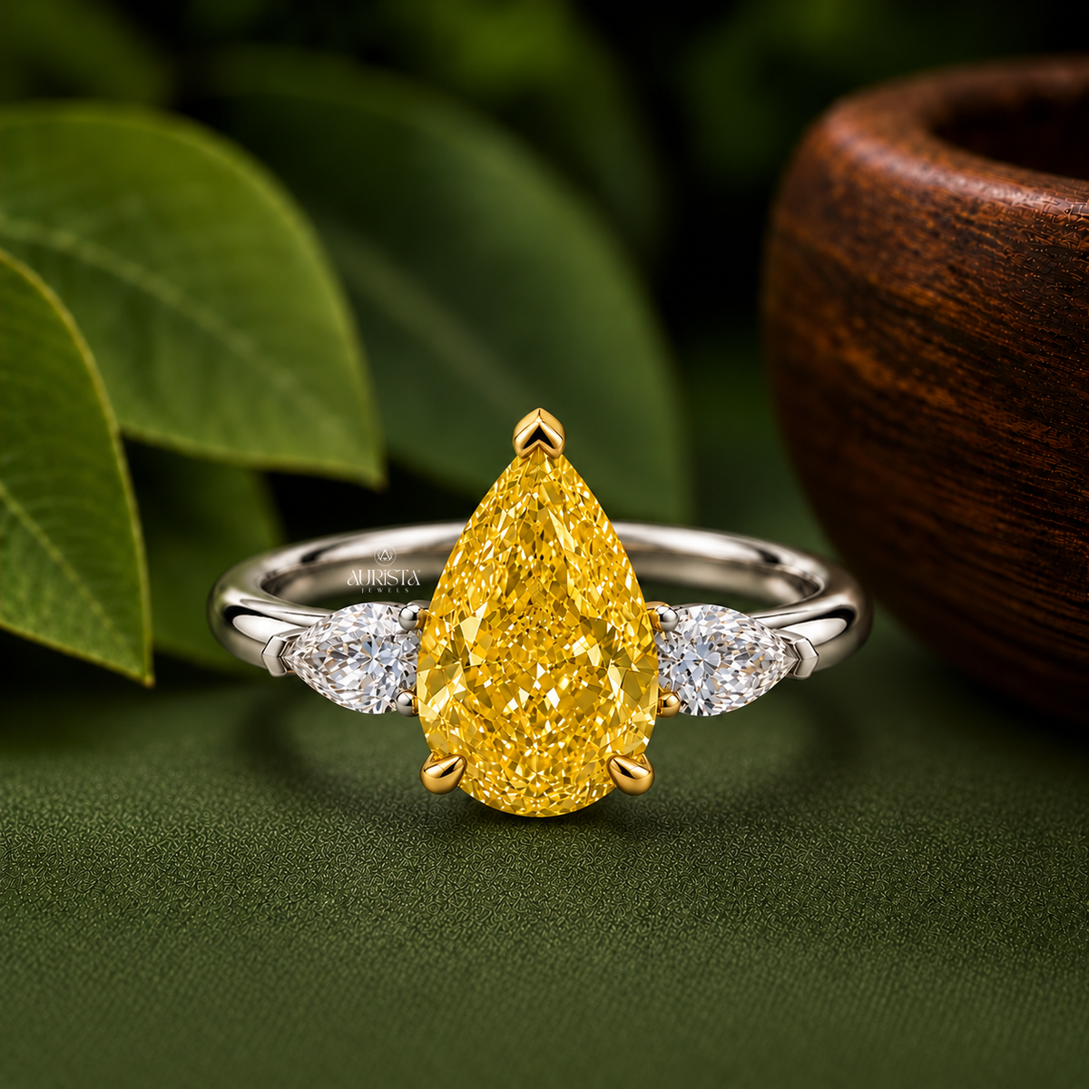Yellow Pear Cut Three Stone Engagement Ring Statement Band Lab Grown in Diamond
