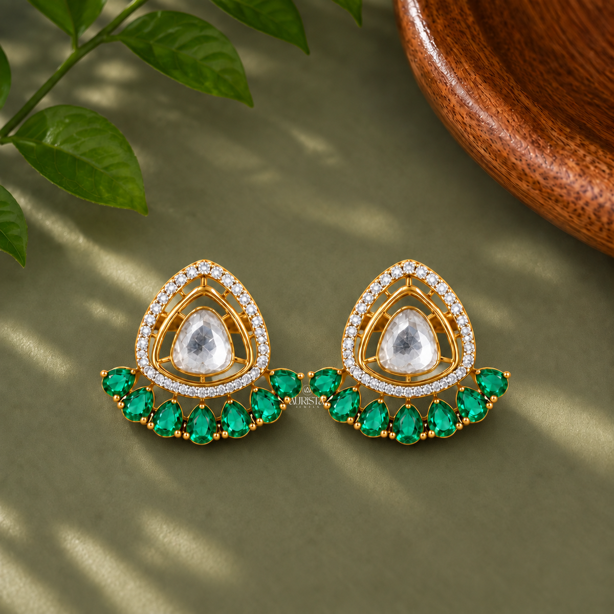 Traditional Polki & Green Gemstone Cluster Earrings Lab Grown in Diamond Designer Studs