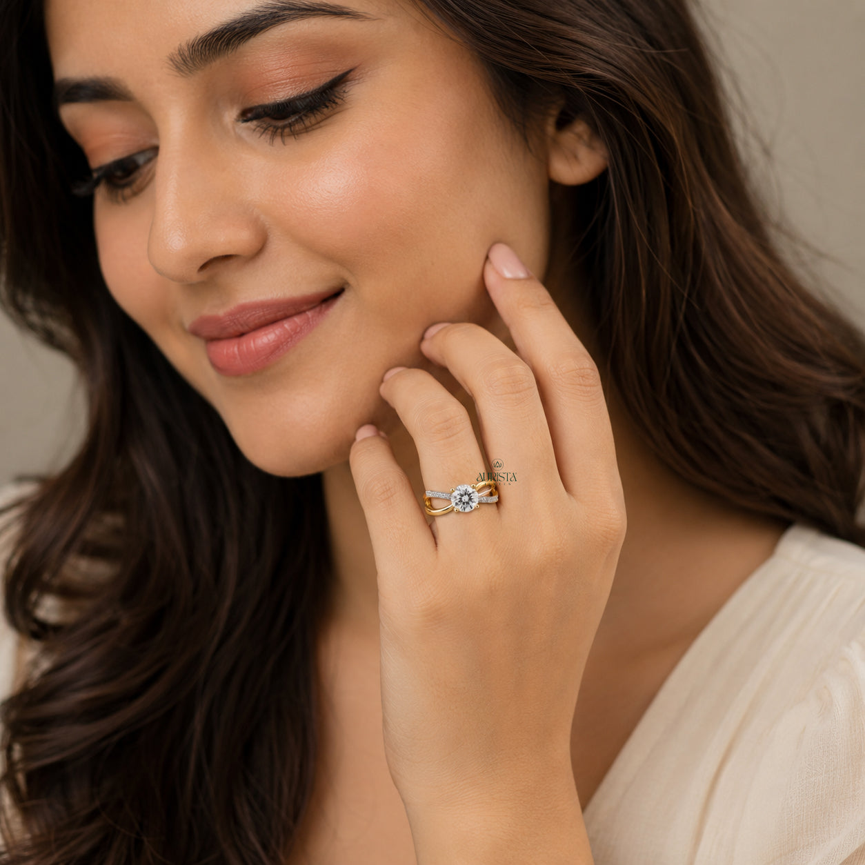Round Cut Lab Grown Diamond Bypass Ring, Pavé Gold Engagement Wedding Ring