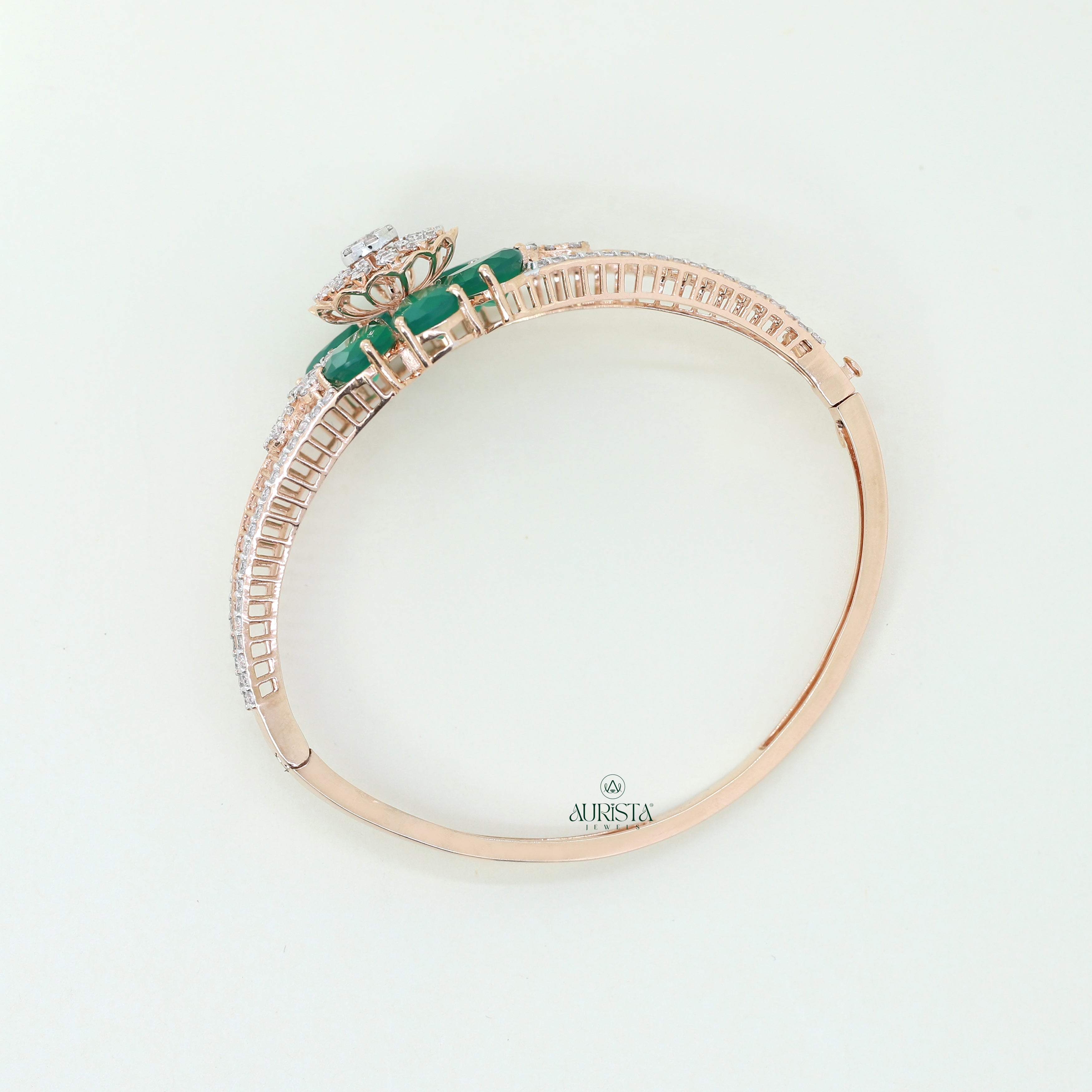 Round Moissanite & Pear Cut Green Stone Floral Bangle