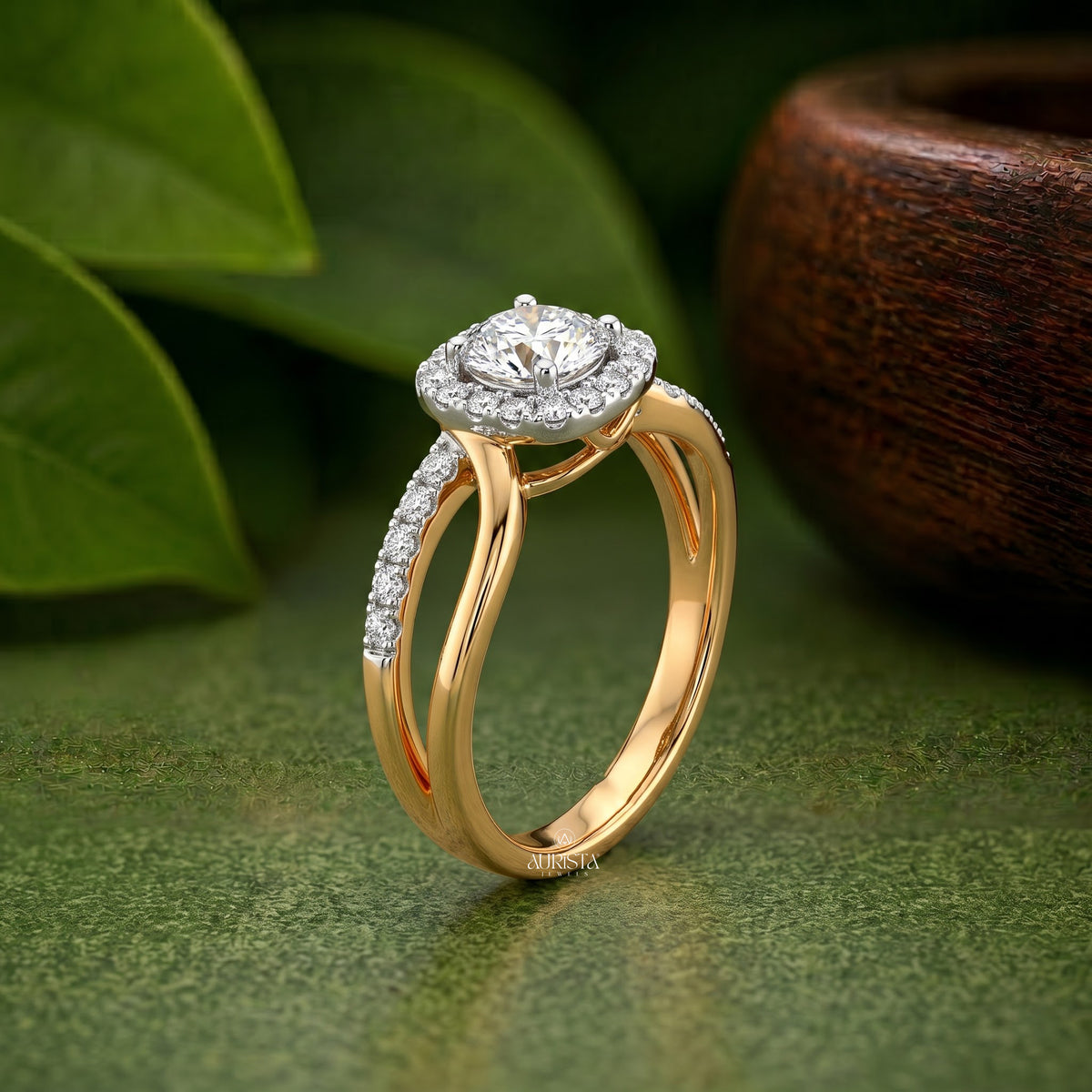 Round Moissanite Diamond Ring, Crossover Halo Engagement Ring Fine Jewelry