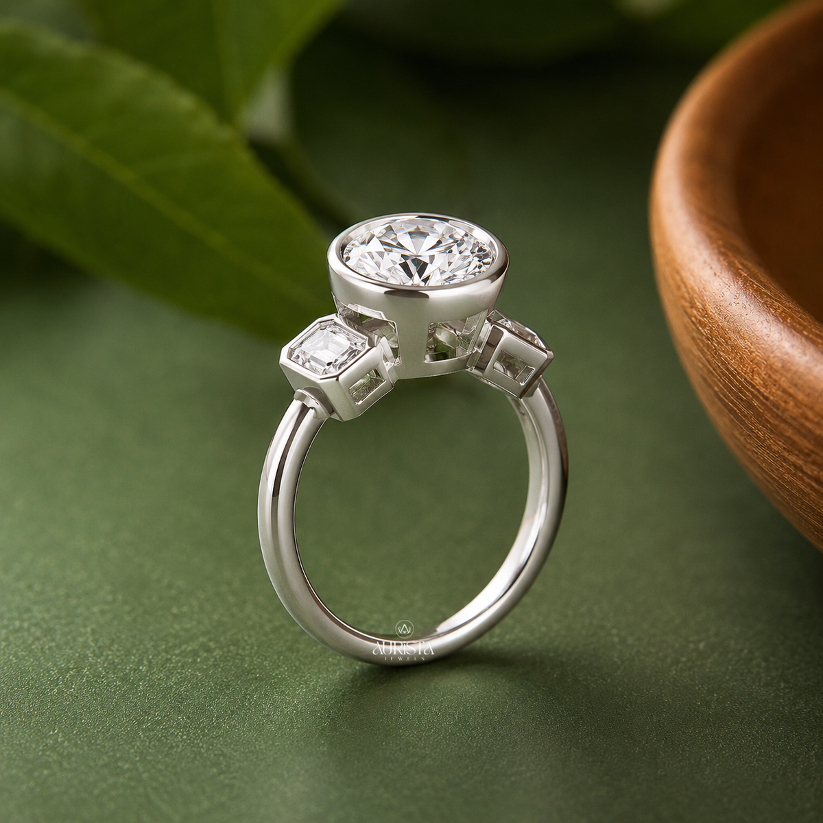 Round & Emerald Lab Grown Diamond Bezel Ring, Three Stone Engagement Wedding Band