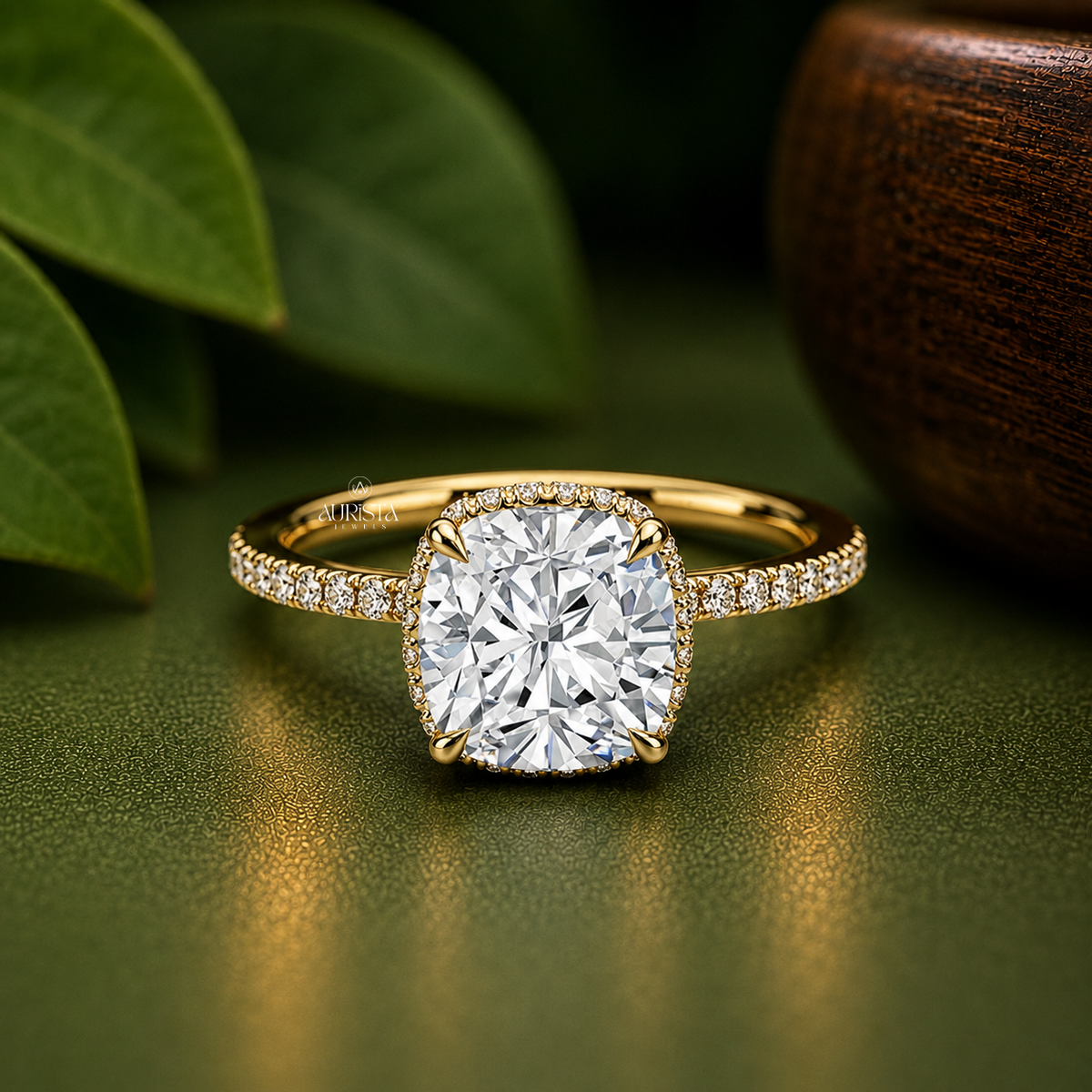 Cushion Cut Lab Grown Diamond Hidden Halo Ring, Delicate Pave Wedding Band