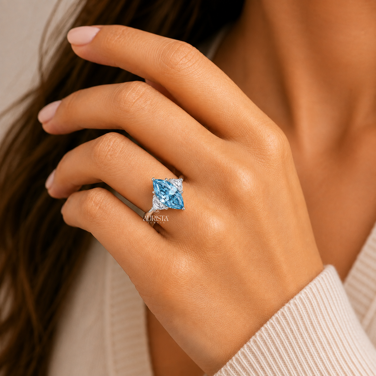 Lab Grown in Diamond Blue Marquise Engagement Ring Three Stone Statement Ring