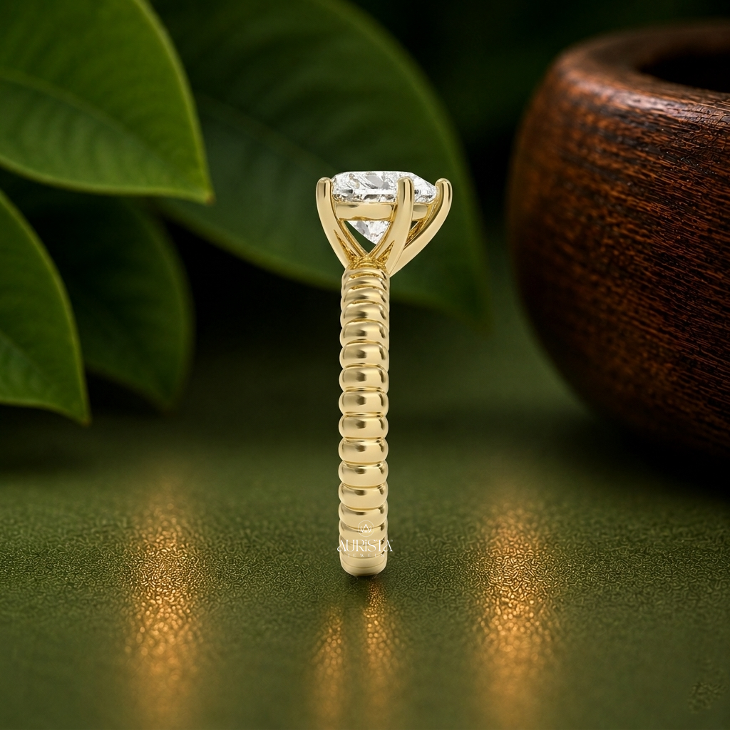 Heart Shape Lab Grown Diamond Ring, Unique Ribbed Dome Yellow Gold Band Solitaire