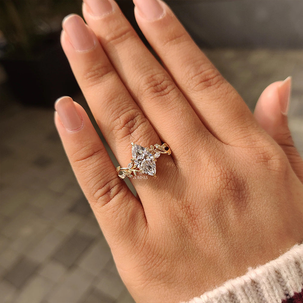 Marquise Moissanite Diamond Vintage Nature Inspired Vine & Leaf Bridal Engagement Ring