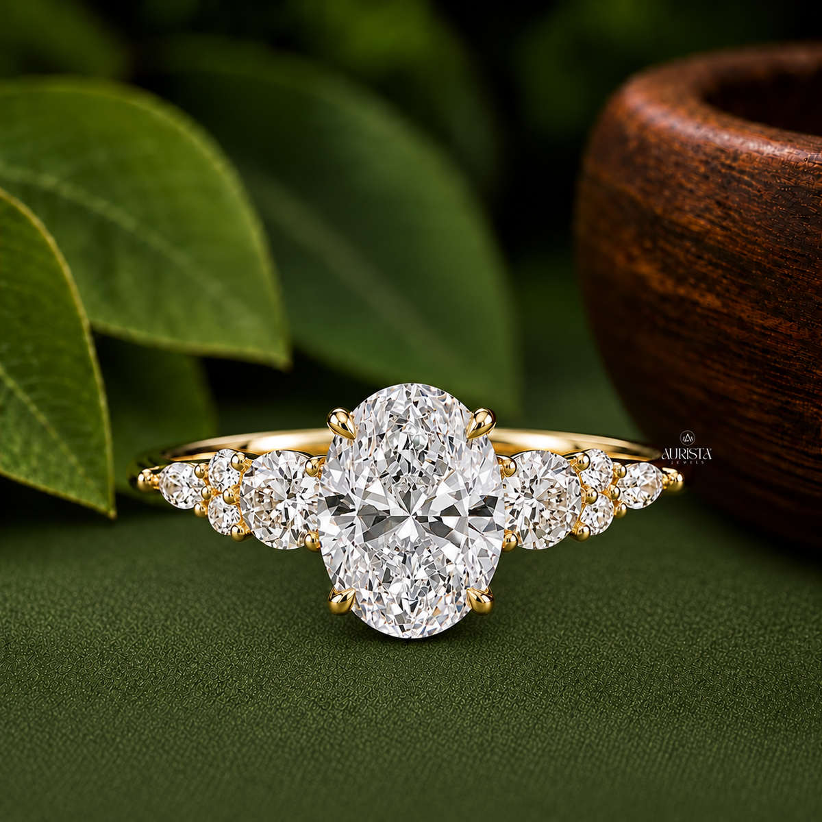 2 Carat Oval Lab Grown Diamond Ring, Side Stone, Bridal Jewelry