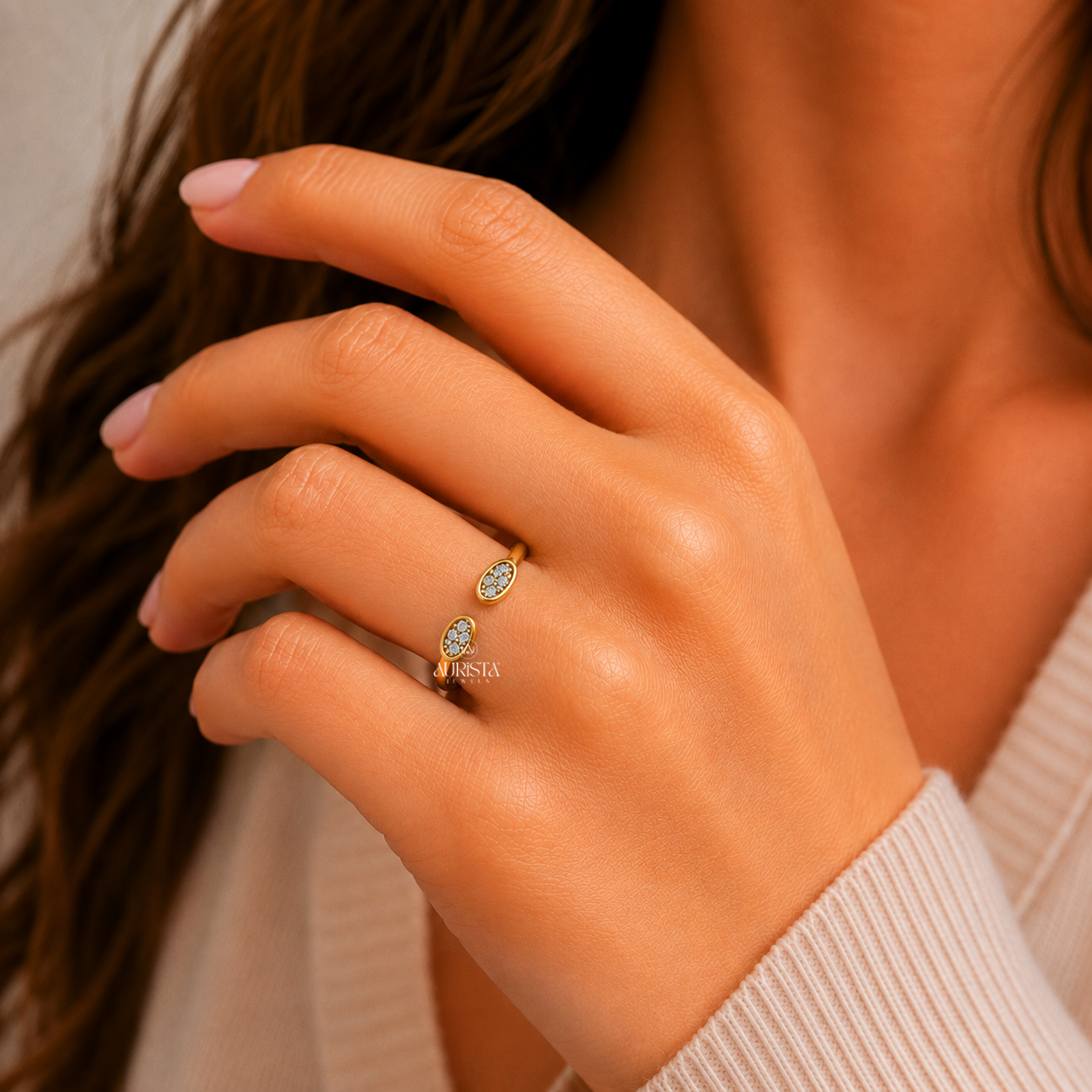 Lab Grown Diamond Gold Open Ring Dual Cluster Bypass Band Modern Stacking Ring
