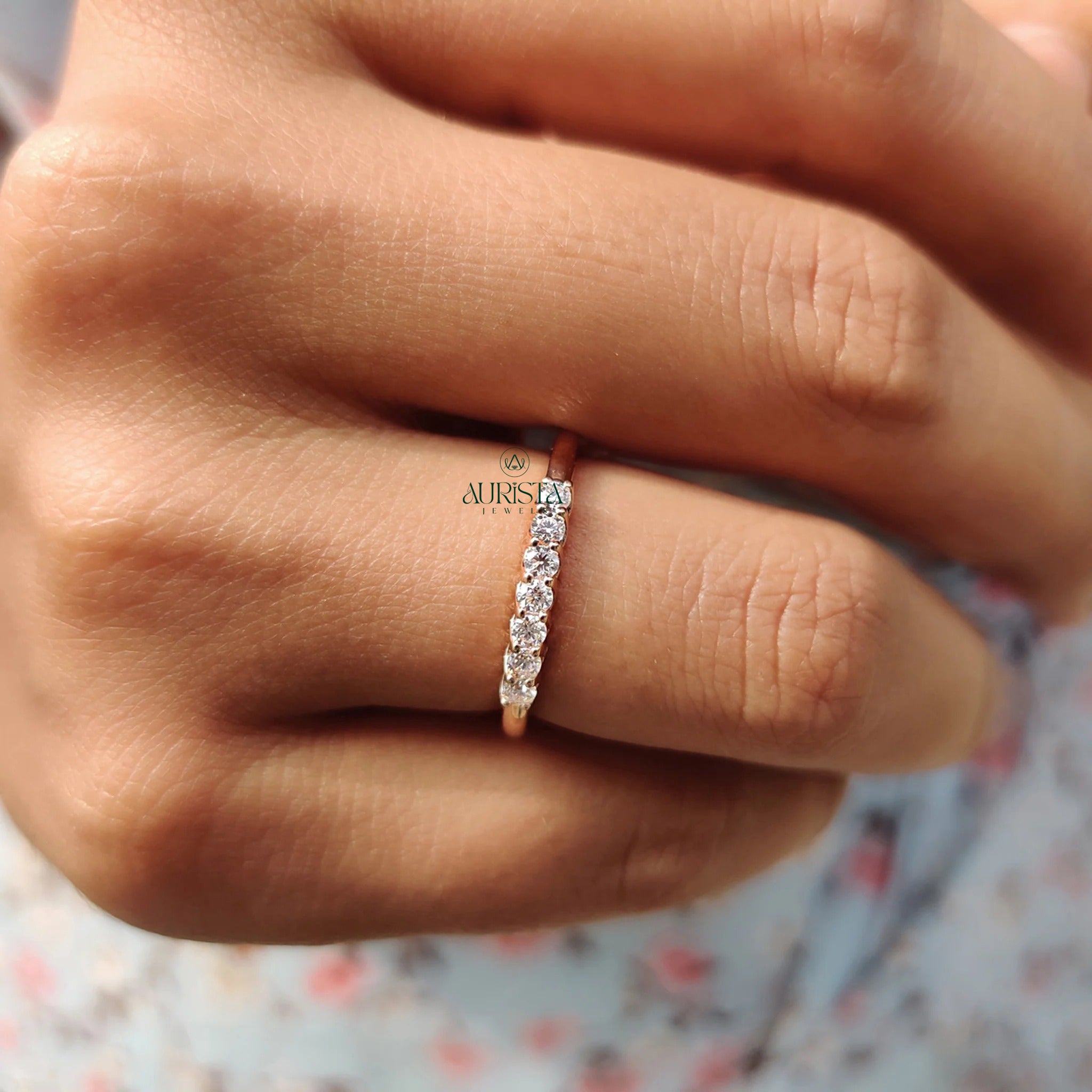 Dainty Moissanite Diamond Station Band Rose Gold Minimalist Stackable Wedding Ring
