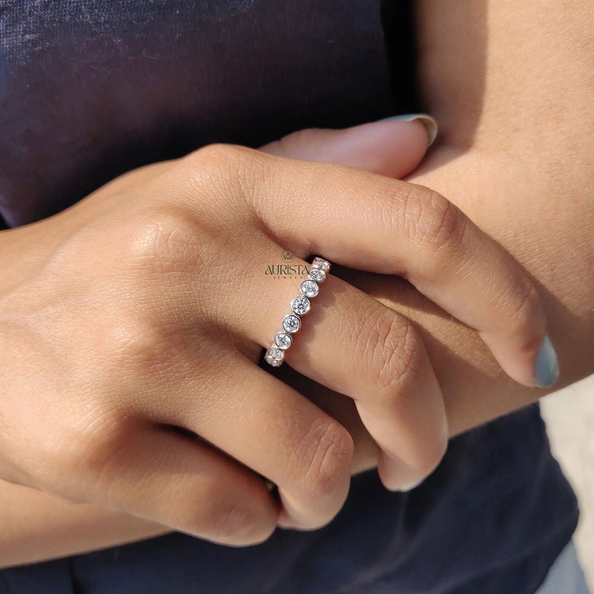 Moissanite Diamond Bezel Eternity Band Minimalist Stackable Wedding Ring