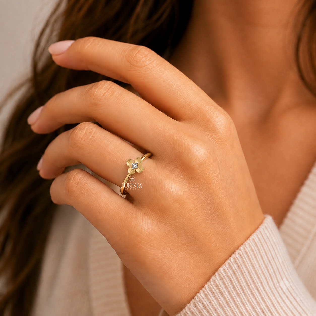 Lab Grown Diamond Gold Flower Ring Dainty Floral Solitaire Stacking Band Chic