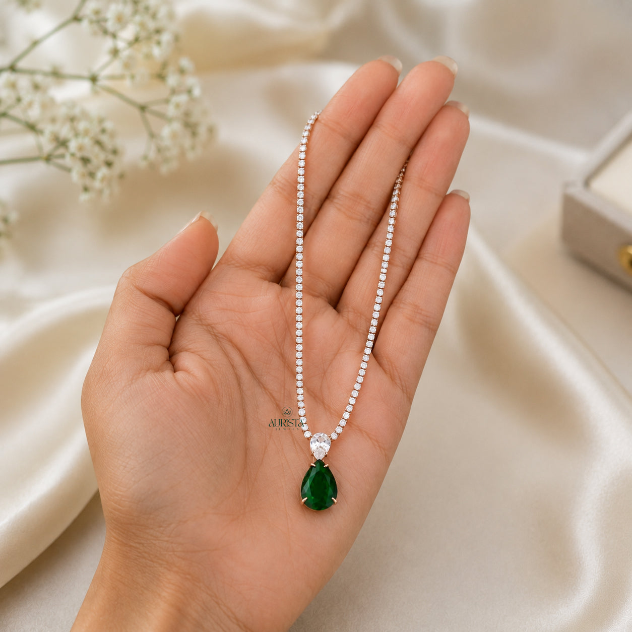 Round Moissanite Tennis Necklace with Pear-Cut Green Drop Pendant
