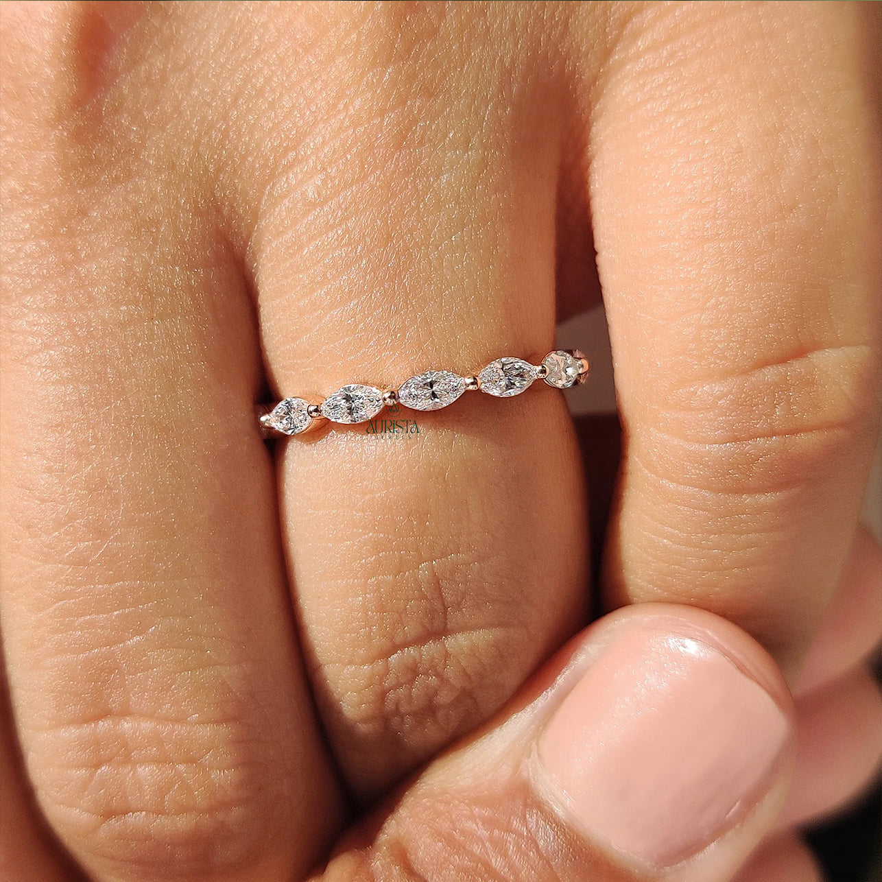 Horizontal Marquise Moissanite Diamond Full Eternity Wedding Band Yellow Gold Ring