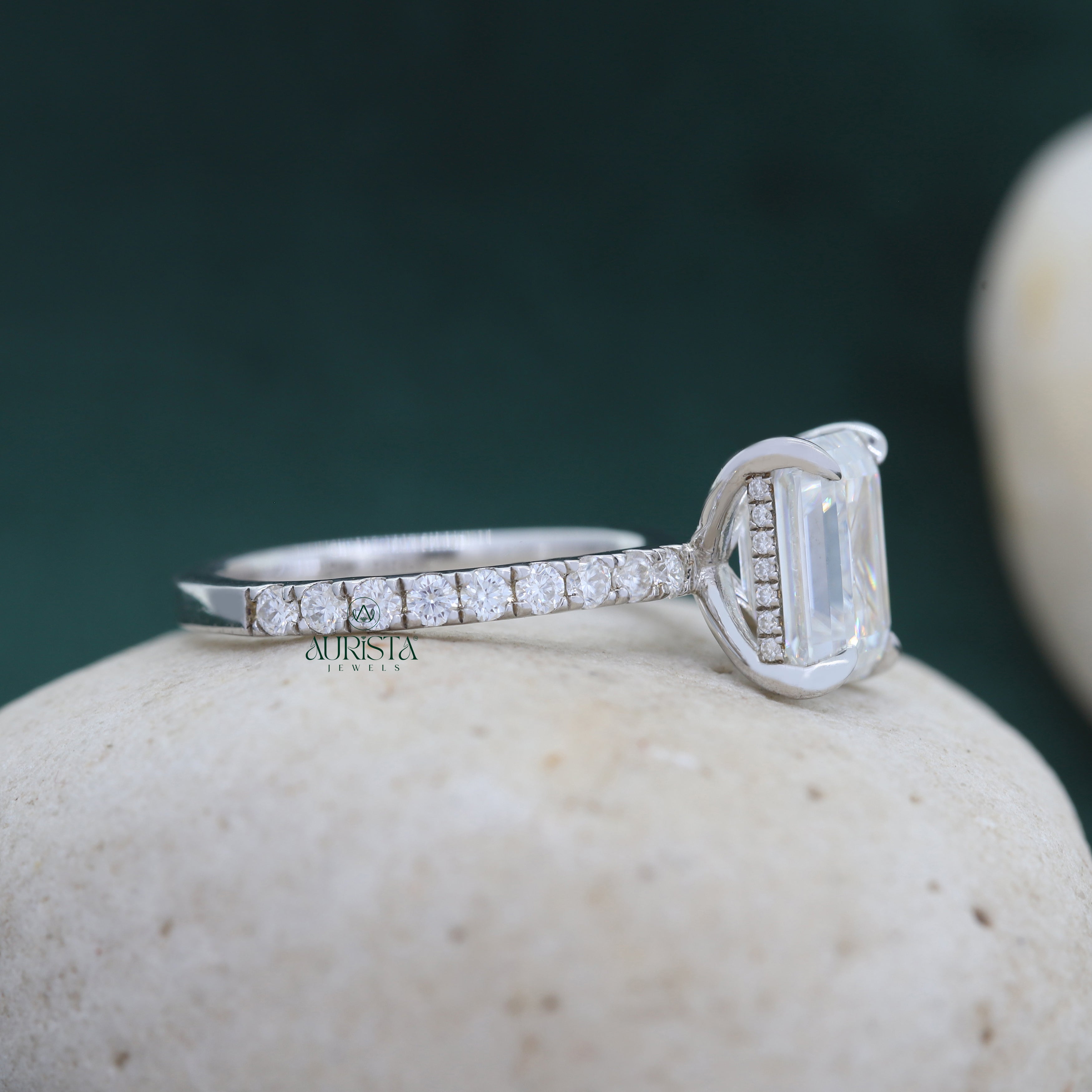 Emerald Cut Lab Grown Diamond Engagement Ring, Pavé Wedding Ring