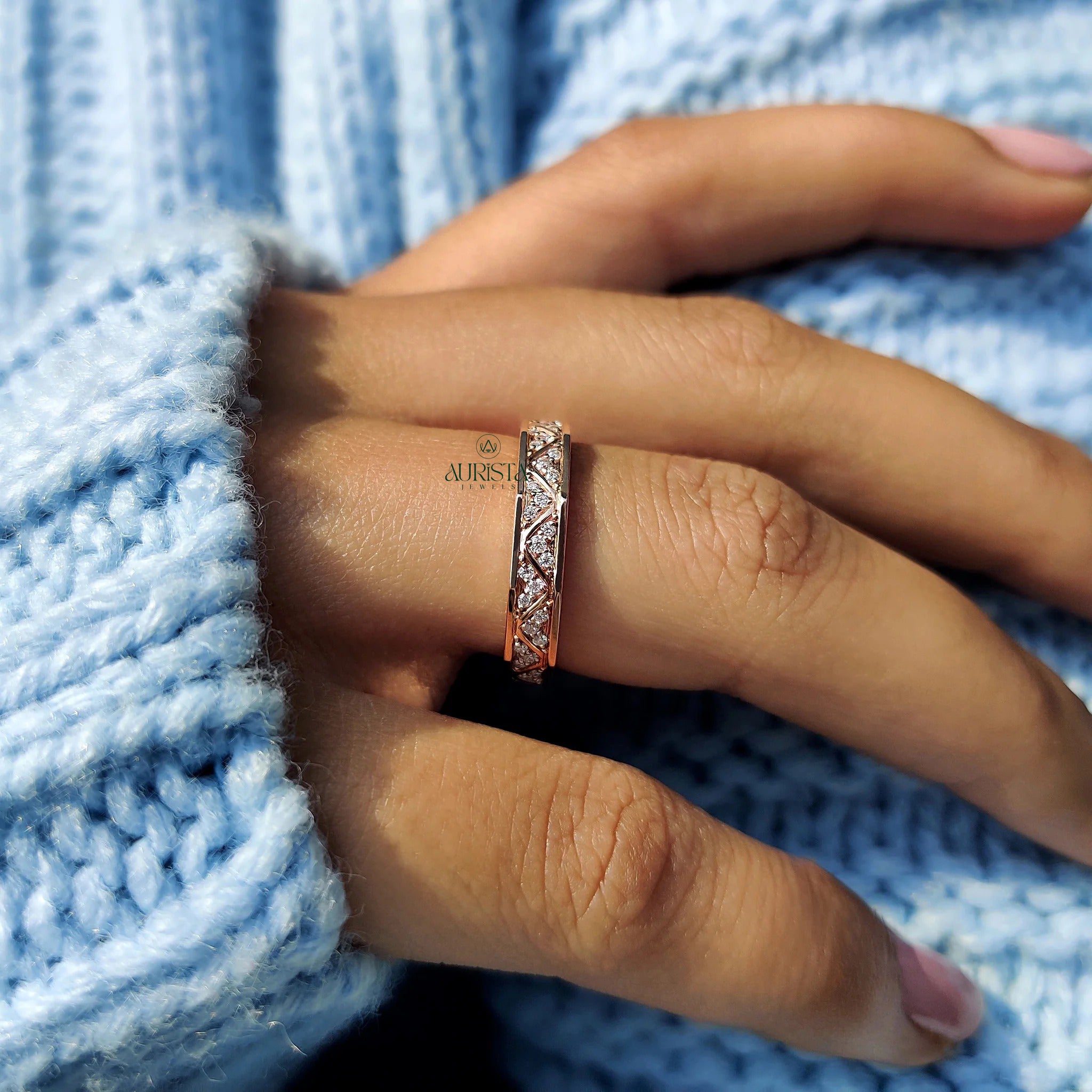 Moissanite Diamond Engraved Rose Gold Band Minimalist Geometric Wedding Ring