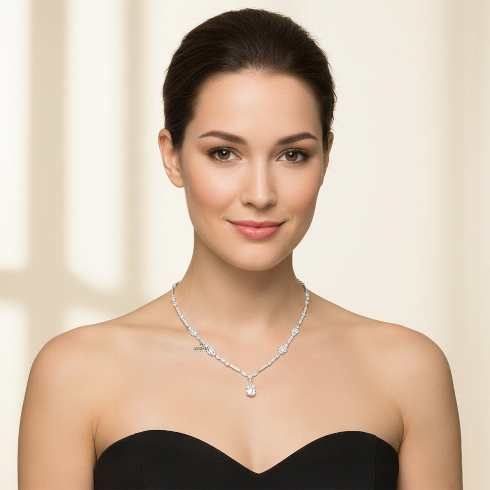 Silver Pear Drop Moissanite Diamond Necklace Statement Bridal Fine Jewelry Luxury Gift