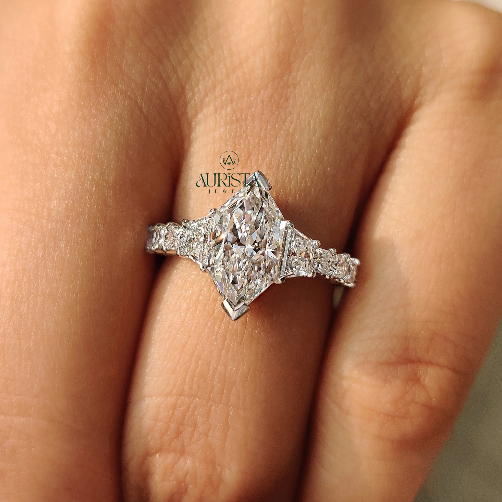 Celestial Marquise Cut Diamond Ring with Tapered Side Stone Brilliance