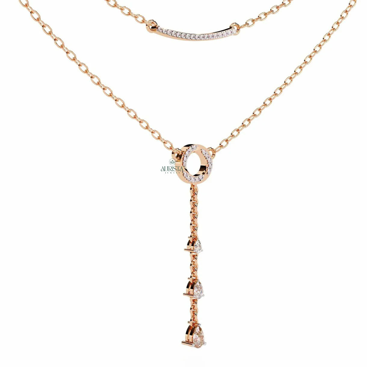 Gold Layered Lariat Necklace Lab Grown Diamond Curved Bar Circle Drop Y Necklaces