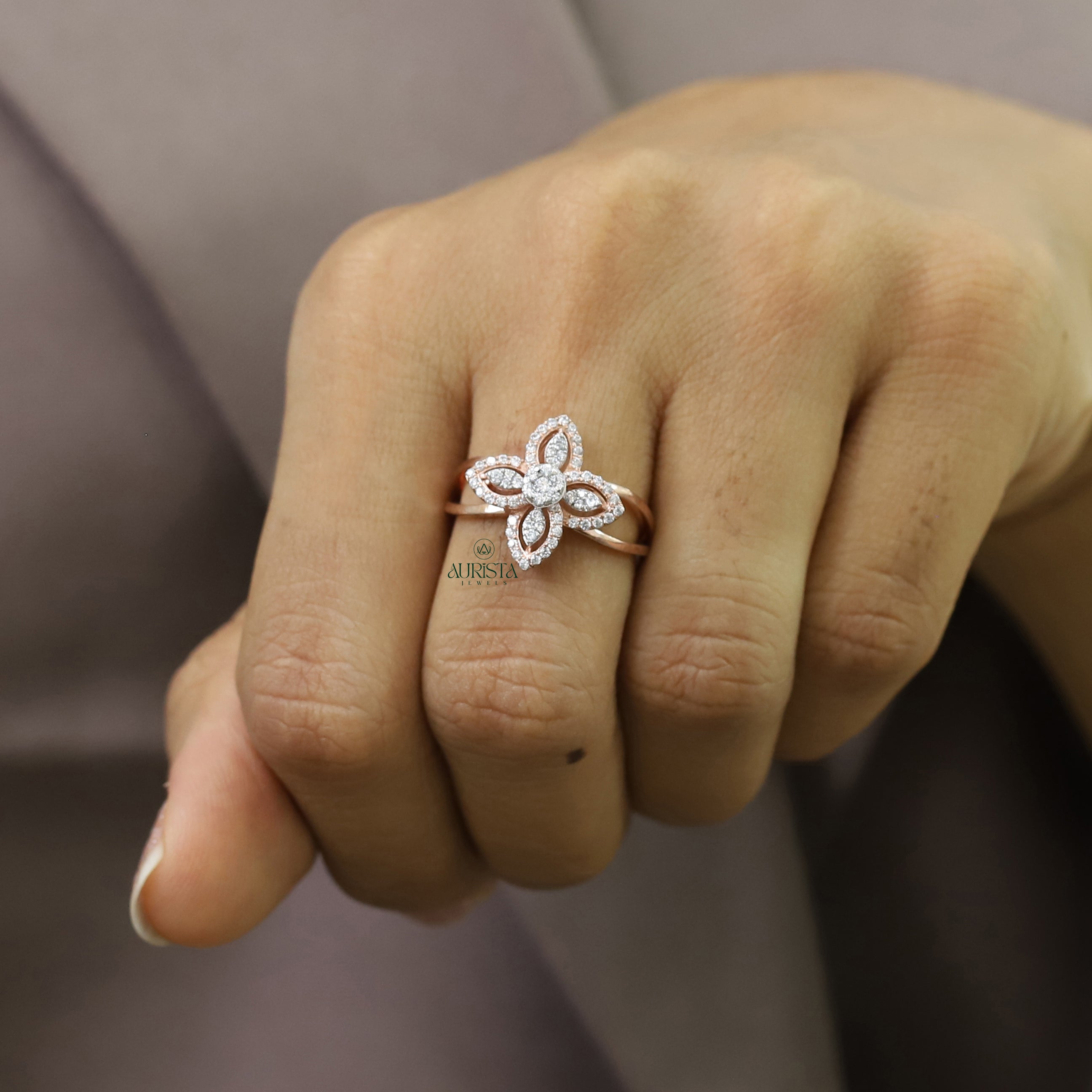 Round Diamond Shape Flower Moissanite Ring Rose Gold Floral Engagement Band Style