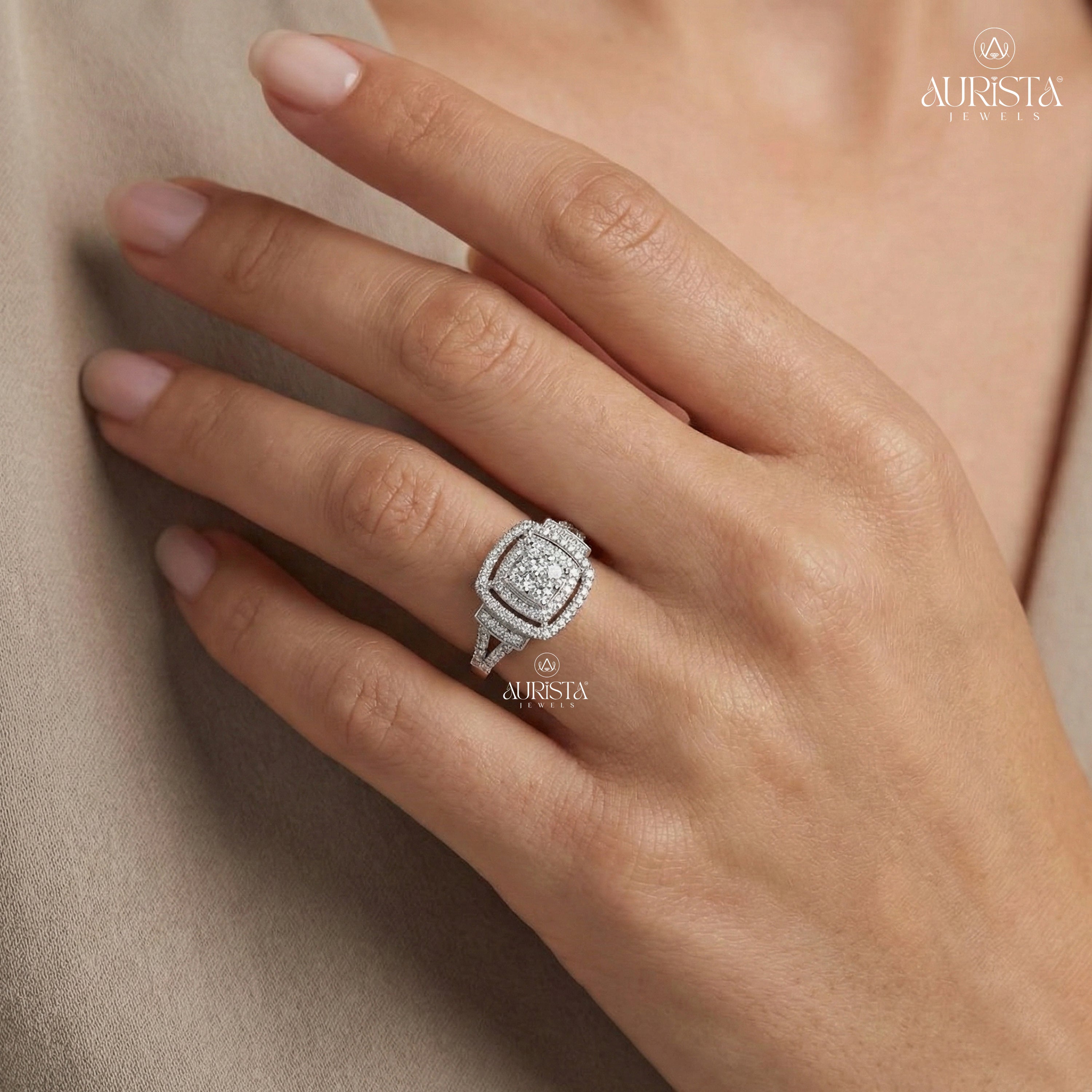 Round Moissanite Diamond Double Halo Cluster Engagement Ring White Gold Bridal