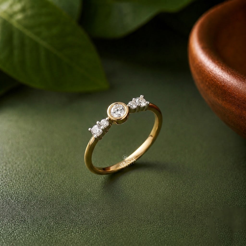 Lab Grown Diamond Gold Bezel Cluster Ring Multi Stone Statement Band Modern Ring