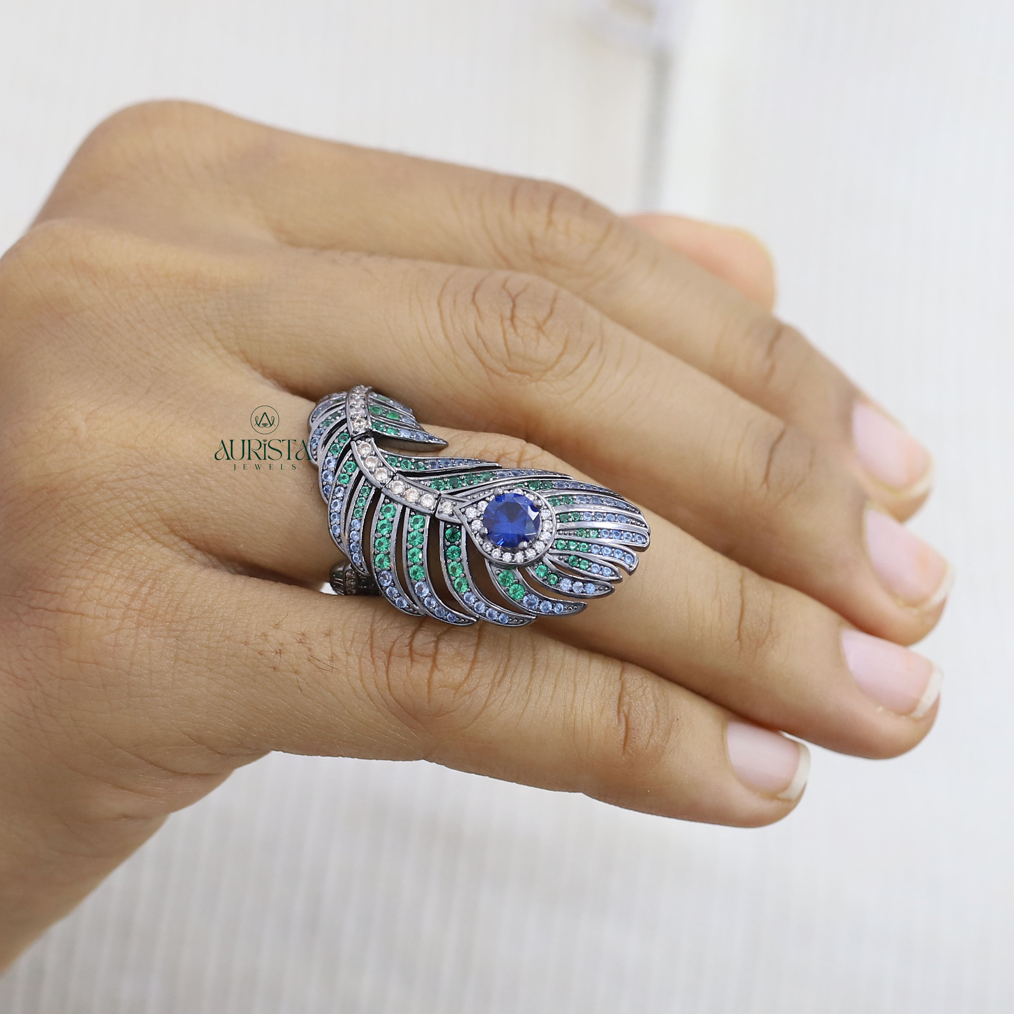 Peacock Feather Moissanite Ring - Blue Sapphire & Round Gemstone Statement Ring