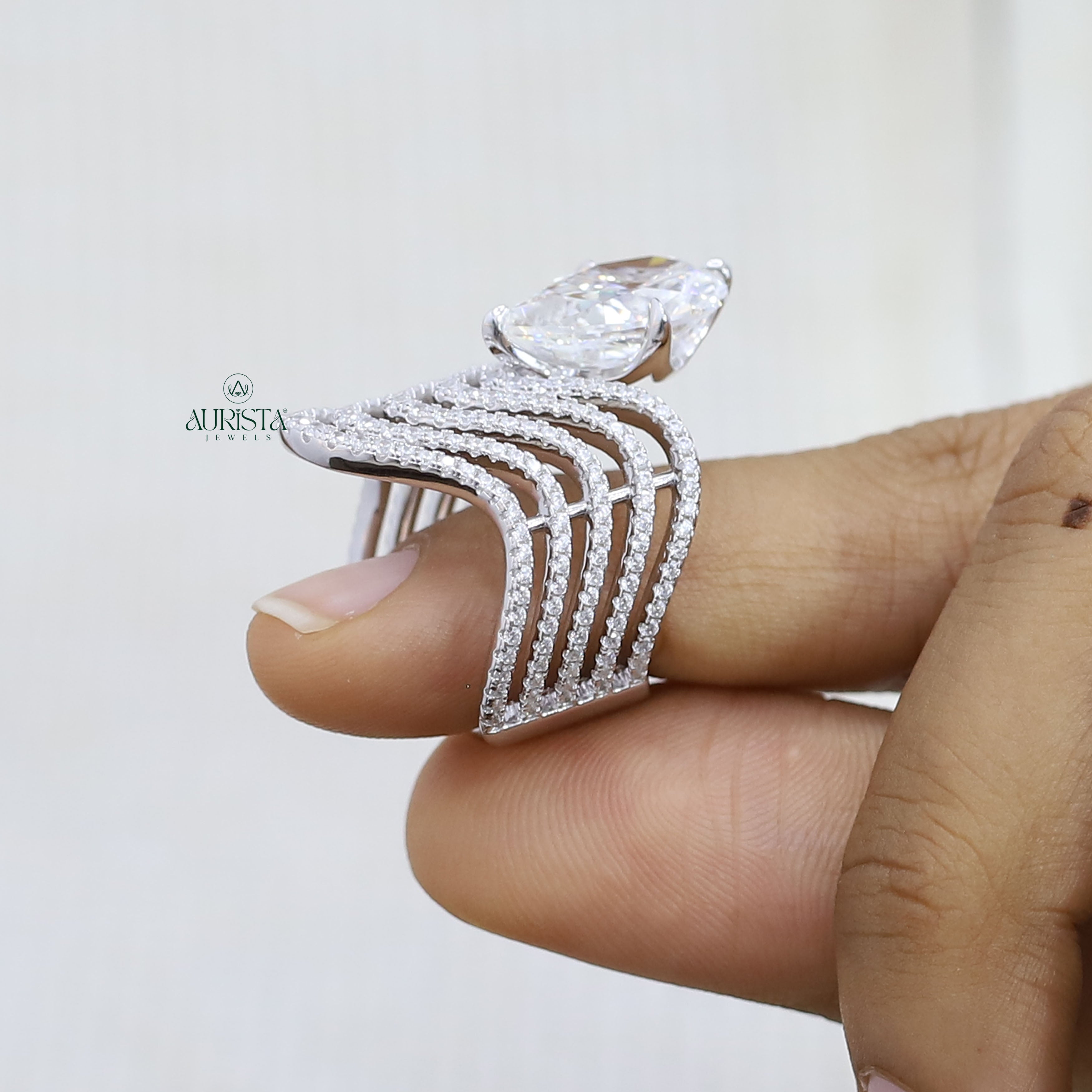 Pear Cut Moissanite Statement Ring - Multi Layer Wave Pave Band Luxury Cocktail Ring