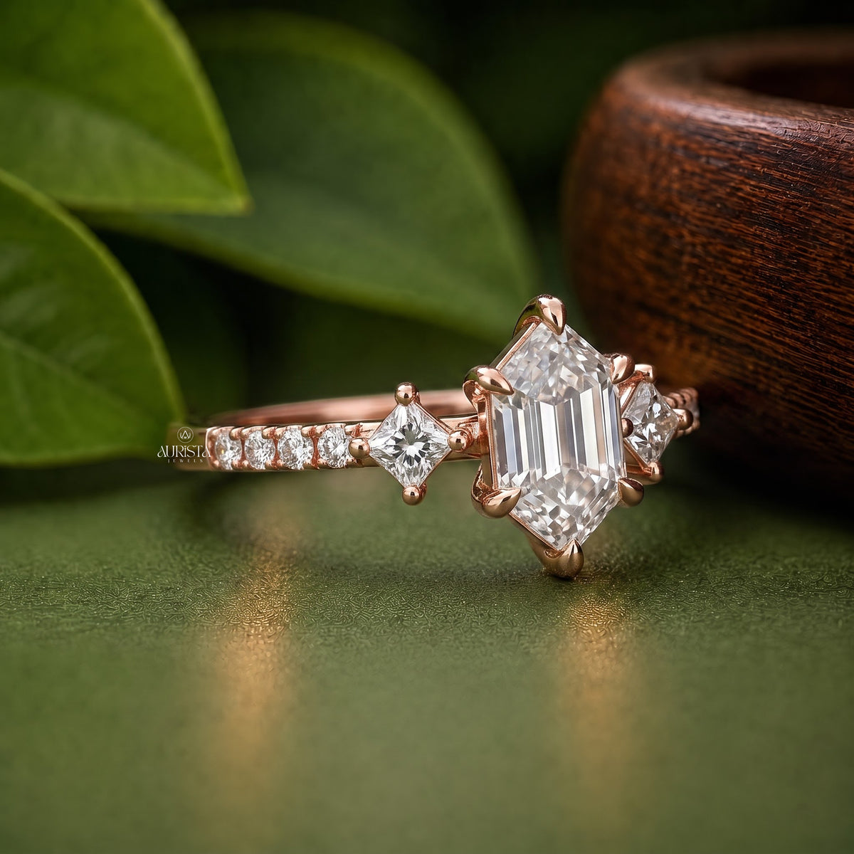 Hexagon Lab Grown Diamond Ring, Rose Gold Three Stone Ring With Princess Side Stones
