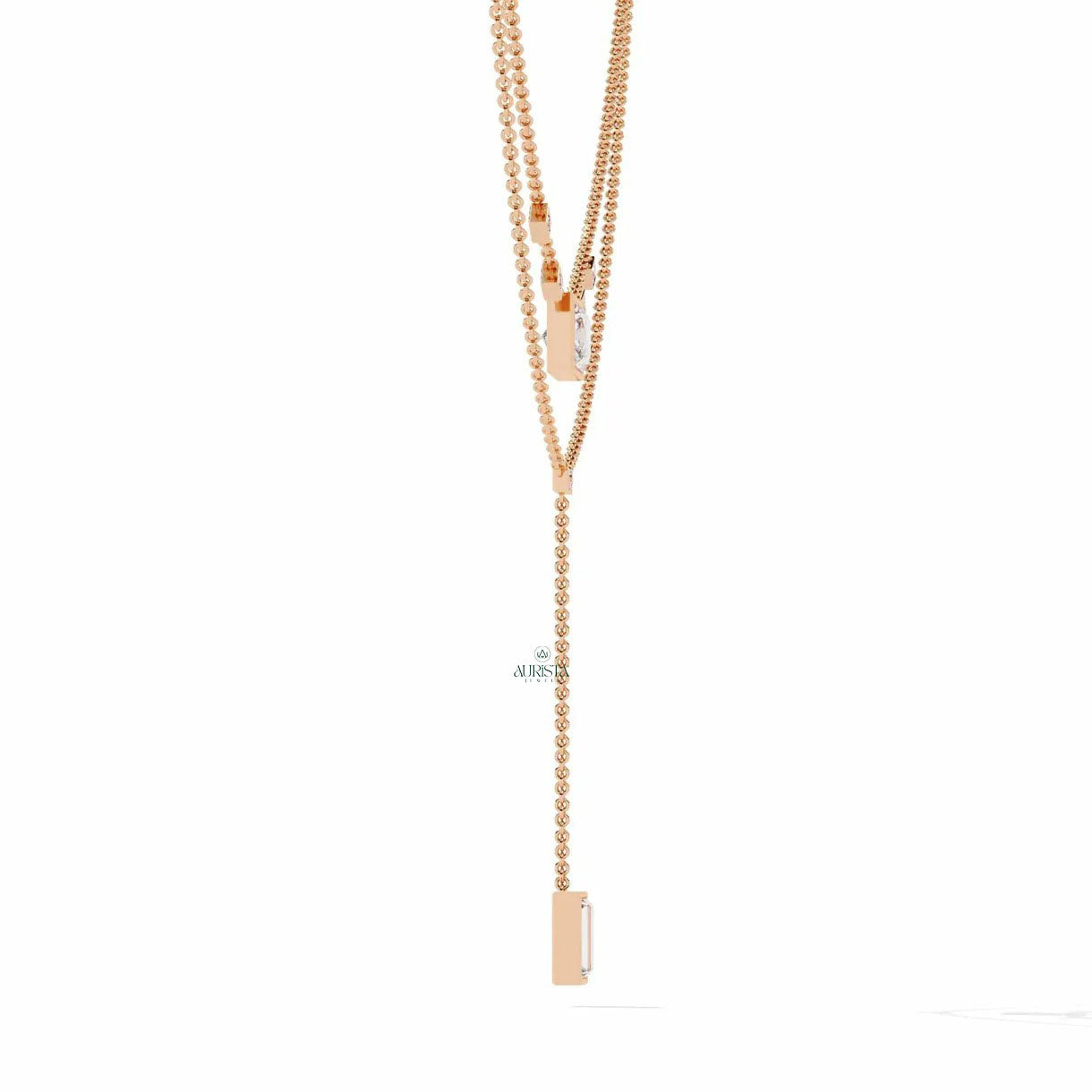 Princess and Baguette Moissanite Diamond Lariat Necklace Layered Minimalist Chain