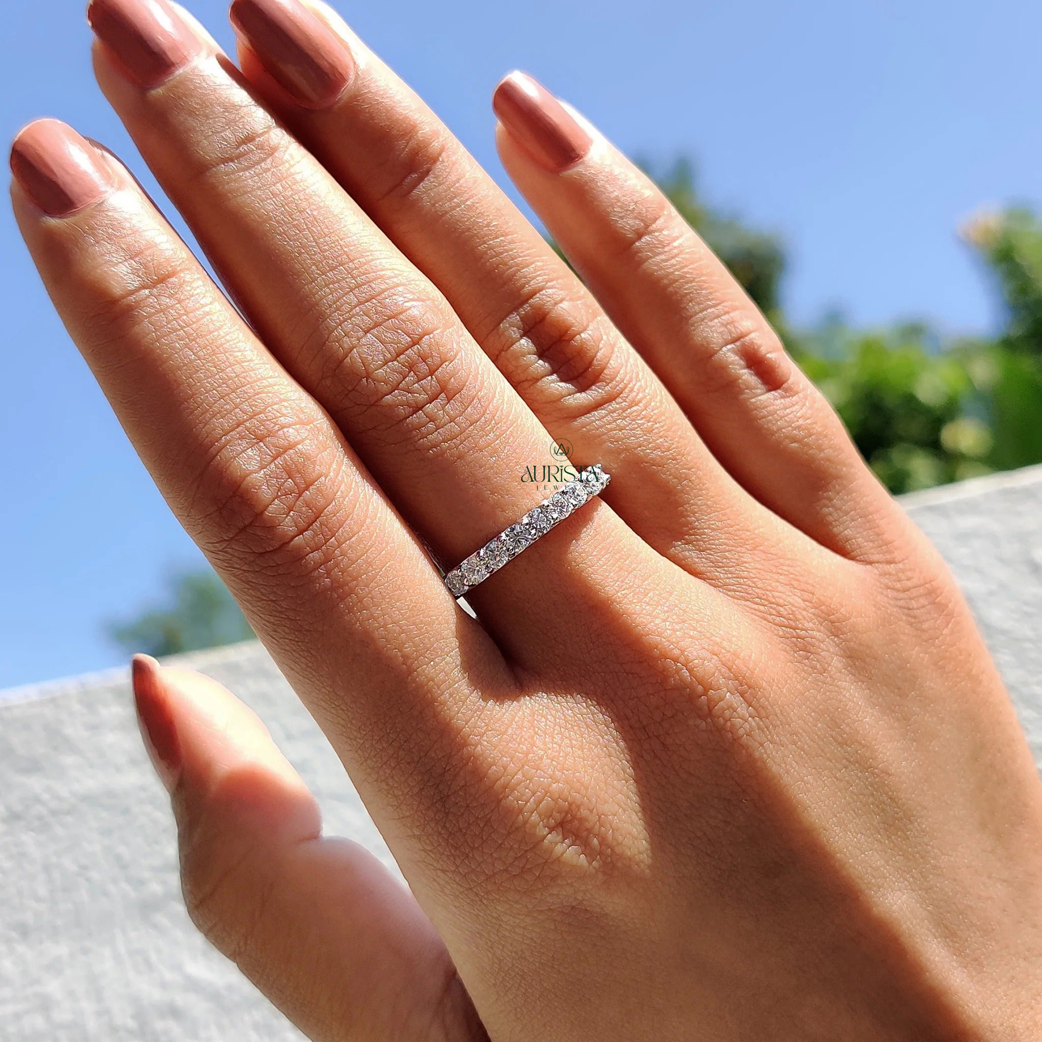 Round Cut Moissanite Diamond Full Eternity Band Minimalist Stackable Wedding Ring