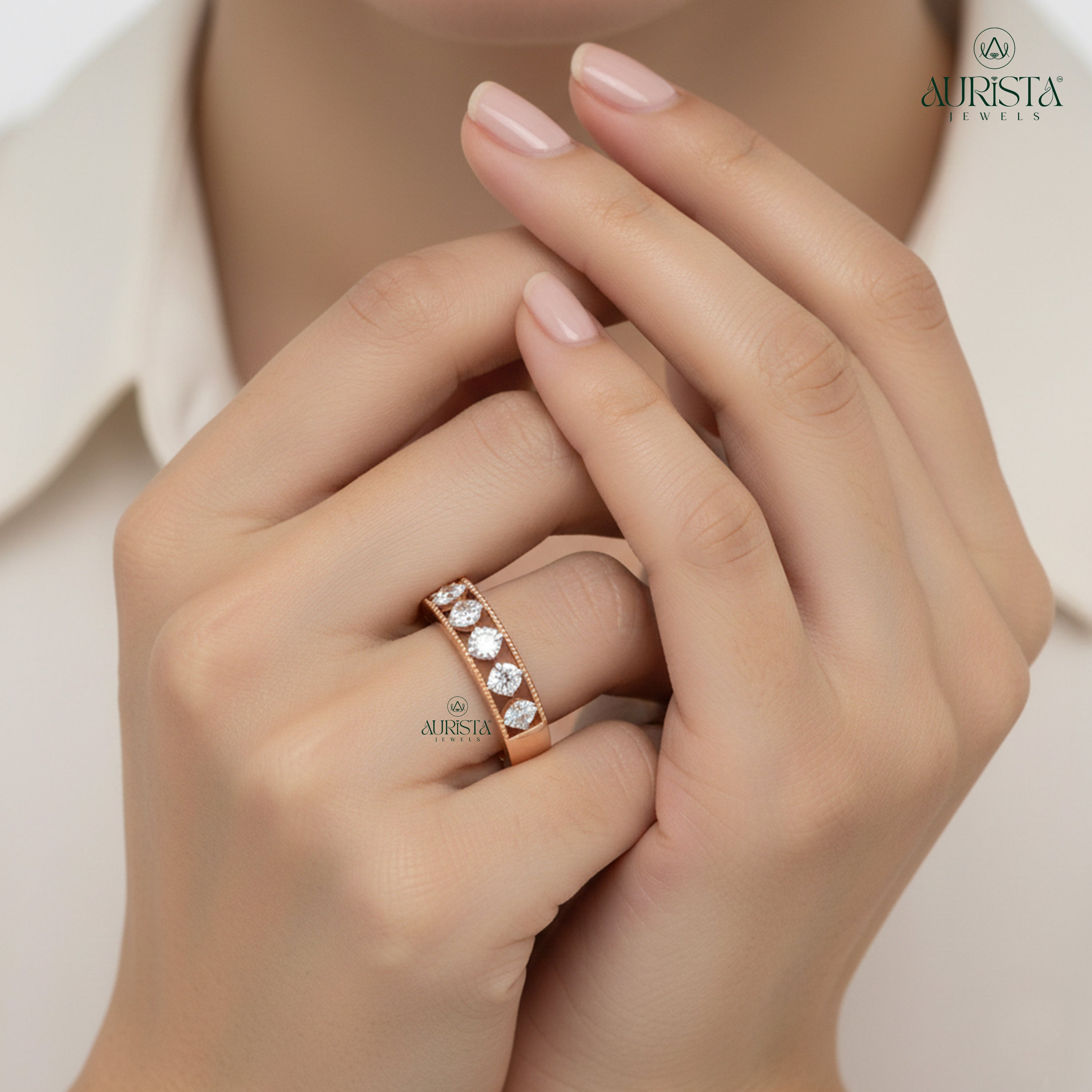 Moissanite Diamond Round Cut Milgrain Wedding Band Rose Gold Illusion Anniversary Ring