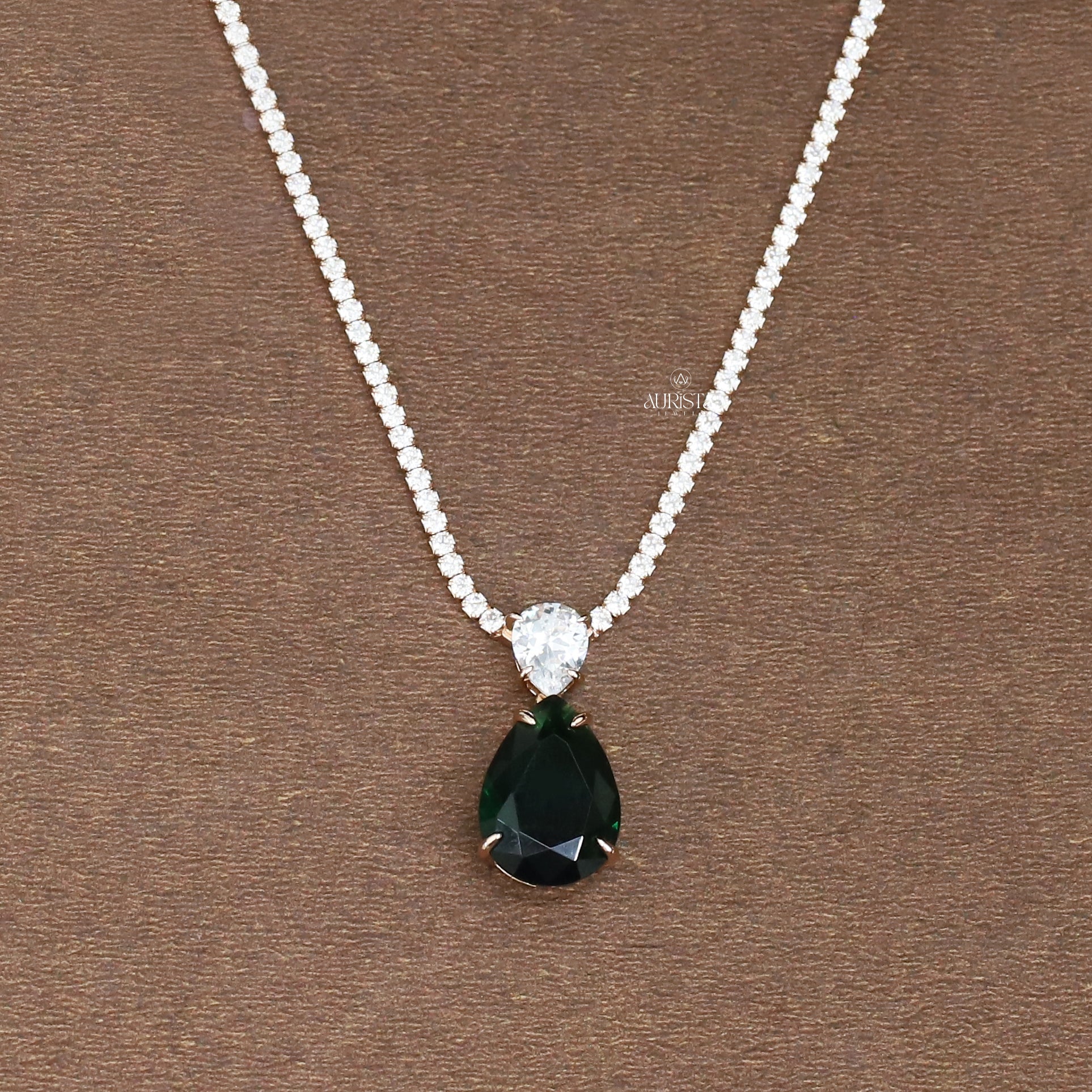 Round Moissanite Tennis Necklace with Pear-Cut Green Drop Pendant