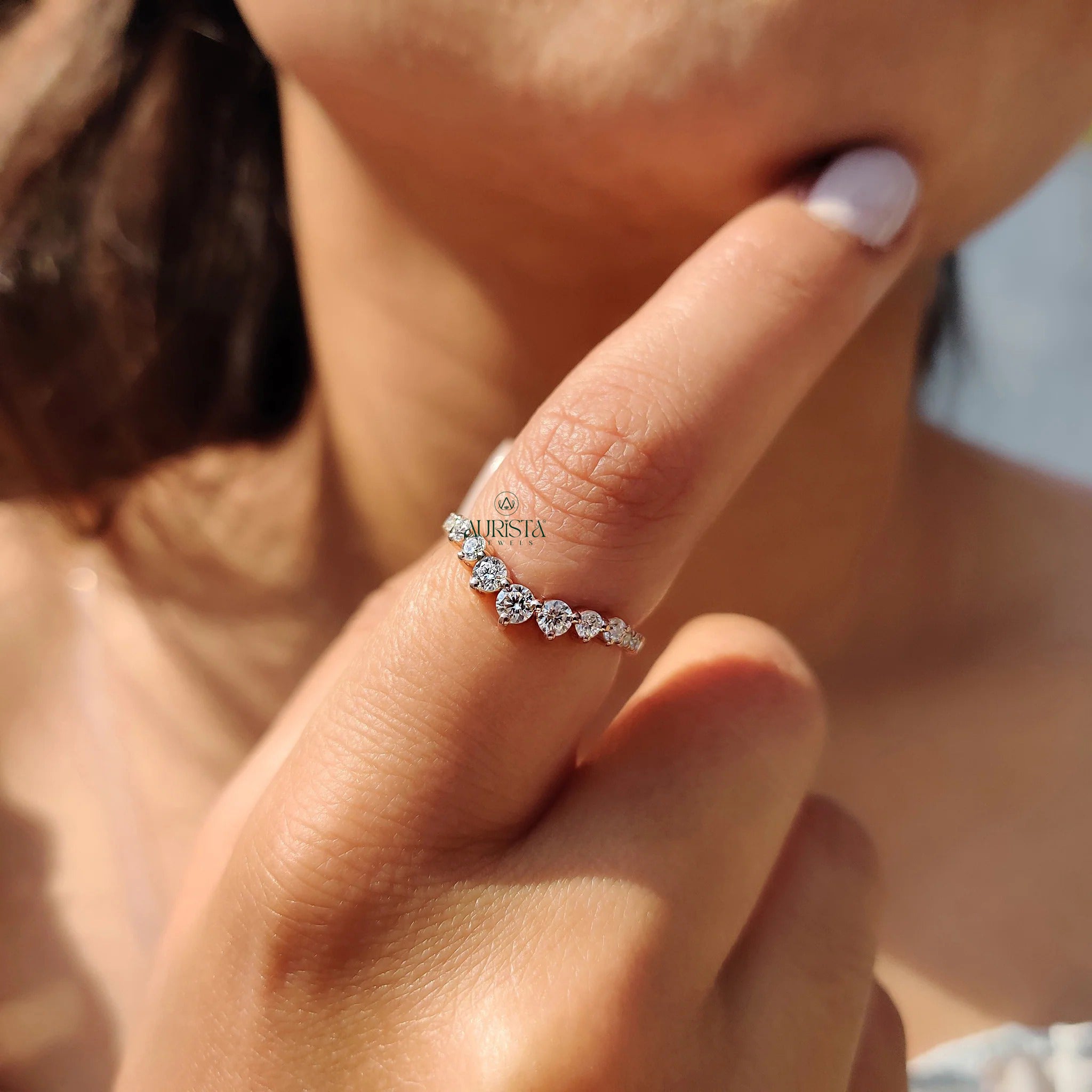 Moissanite Diamond Chevron Stackable Wedding Ring Rose Gold Dainty Curved Band