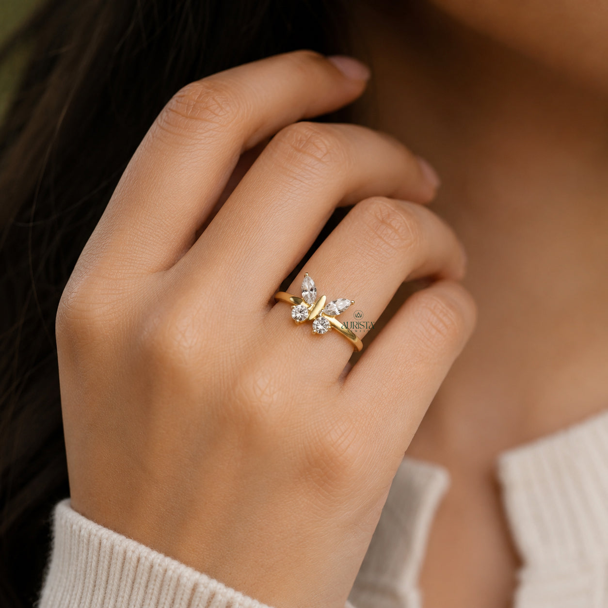 Butterfly Lab Grown Diamond Ring, Marquise & Round Shape Gold Statement Ring