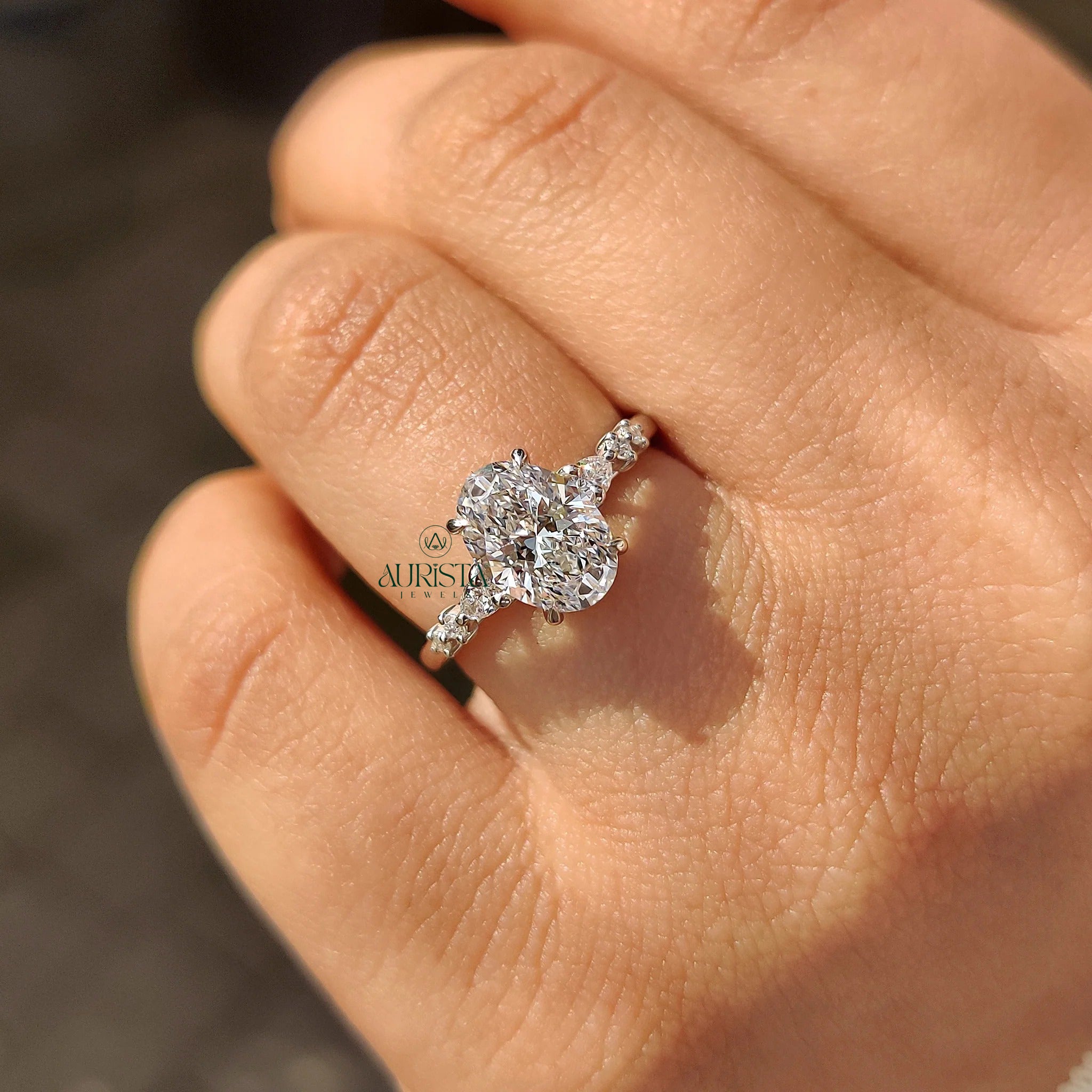 Oval Stone Ring with Pave Triple-Cluster Band