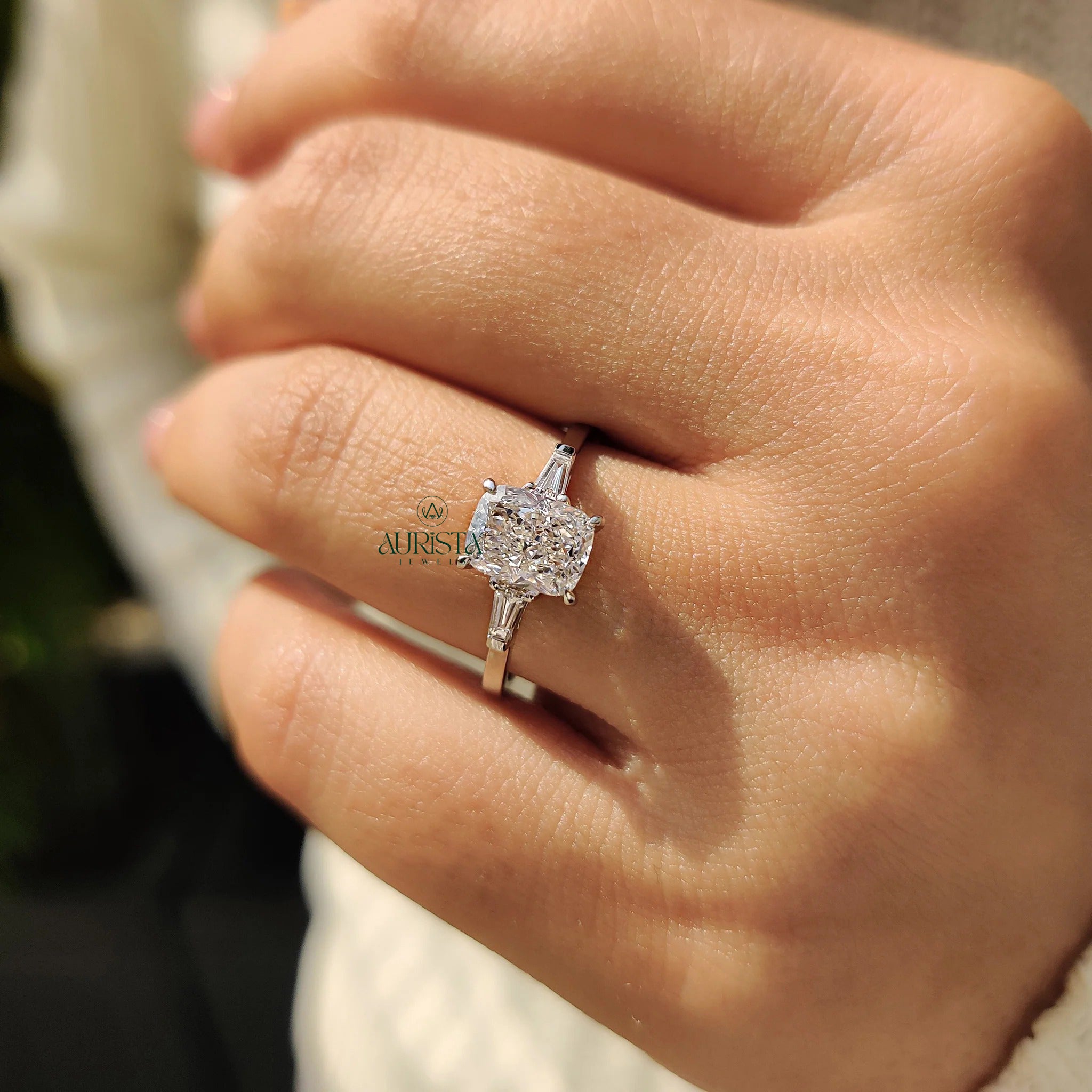 Premium Cushion Cut Diamond Ring with Tapered Side Stones