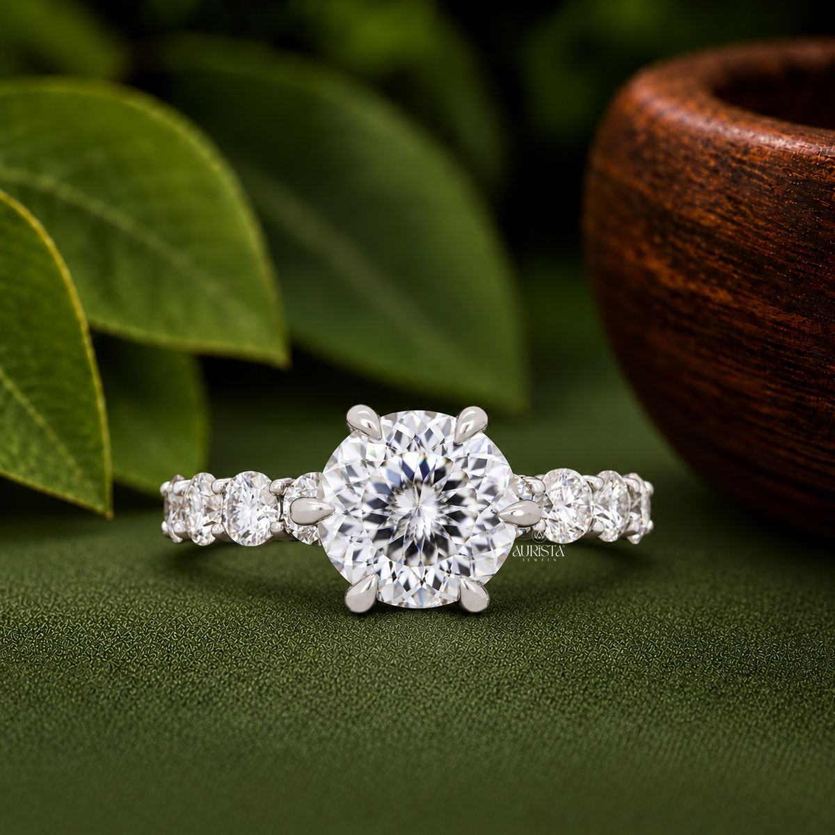 3CT Lab Grown Diamond Engagement Ring, Round Cut  Side Stones with Hidden Halo