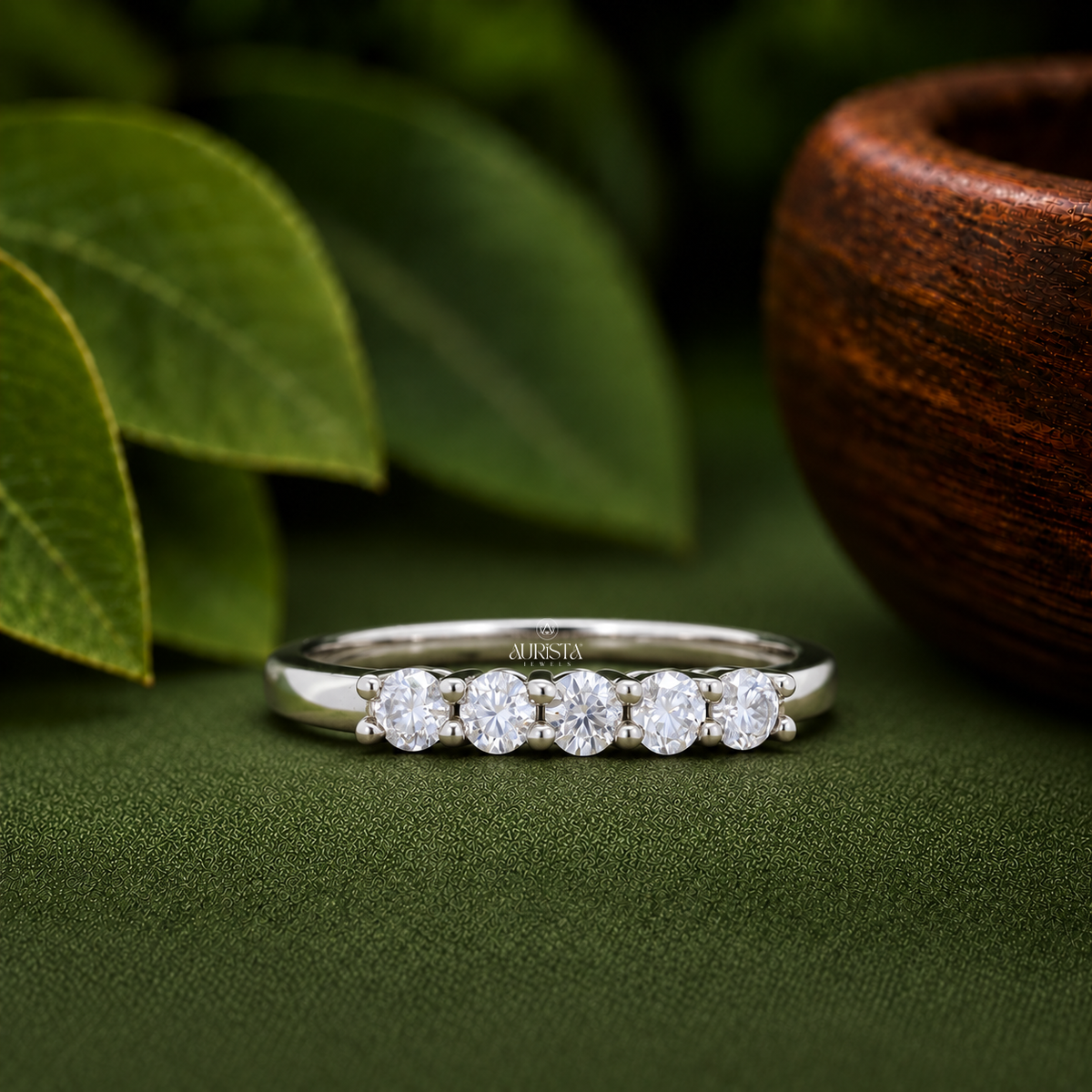 Round Cut Lab Grown Diamond Five Stone Ring, Dainty Stackable Wedding Band