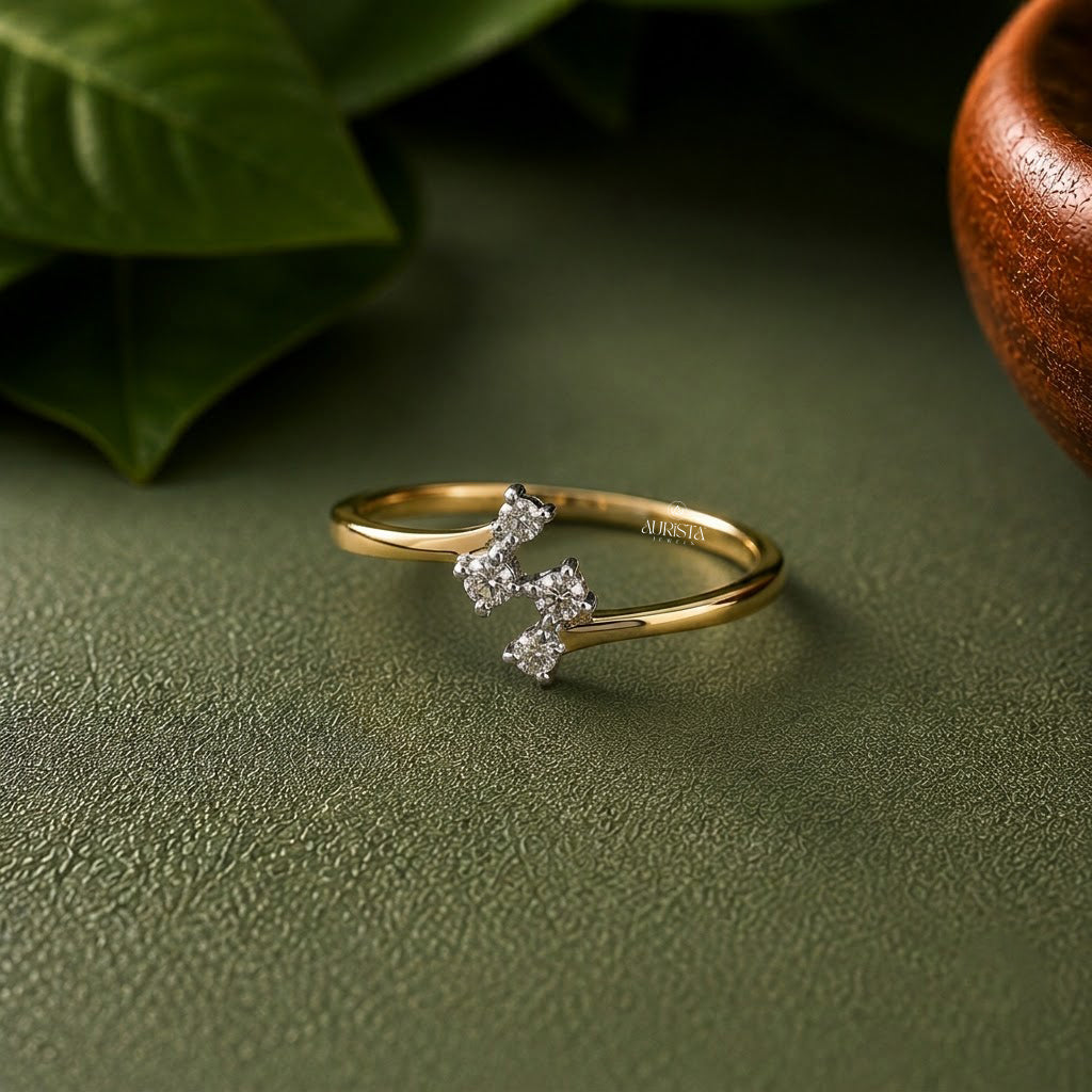 Lab Grown Diamond Gold Cluster Ring Asymmetrical Bypass Band Modern Stacking Ring