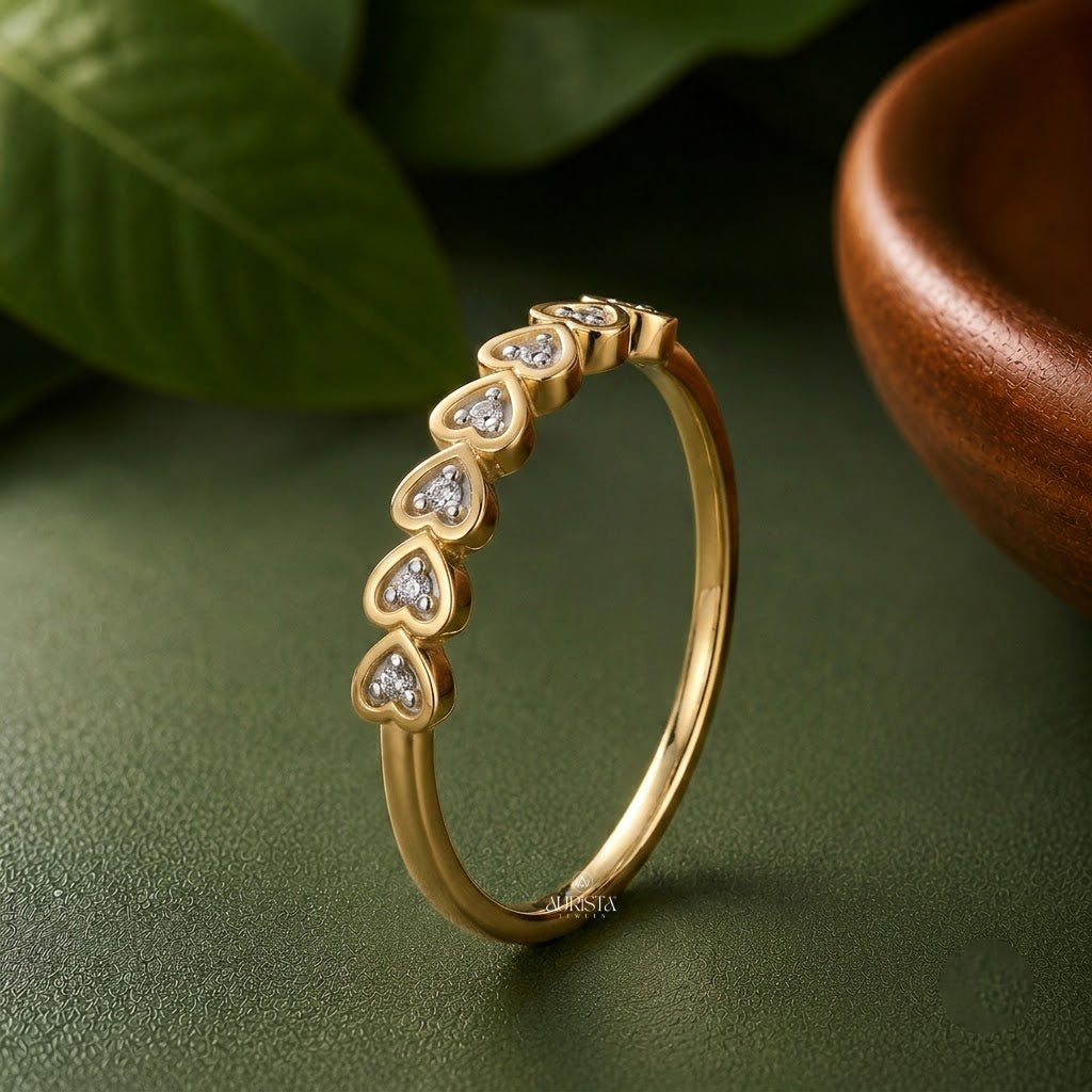 Lab Grown Diamond Gold Heart Chain Band Ring Dainty Stacking Ring Sweet Jewelry