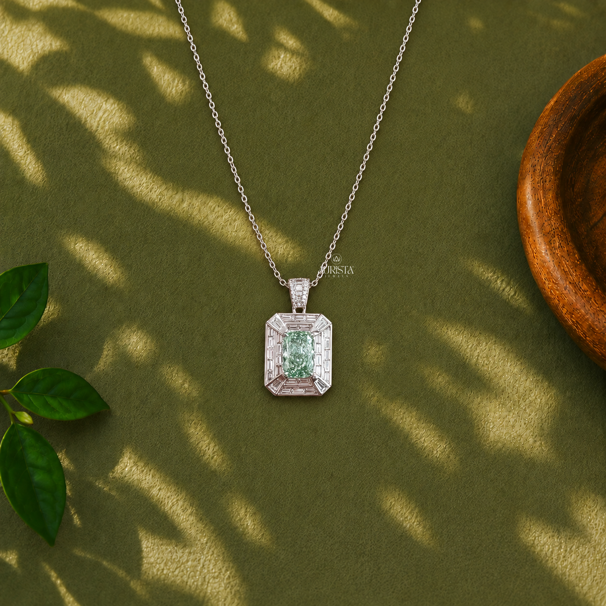 Green Emerald Cut Lab Grown Diamond Halo Pendant Necklace with Chain Fine Jewelry