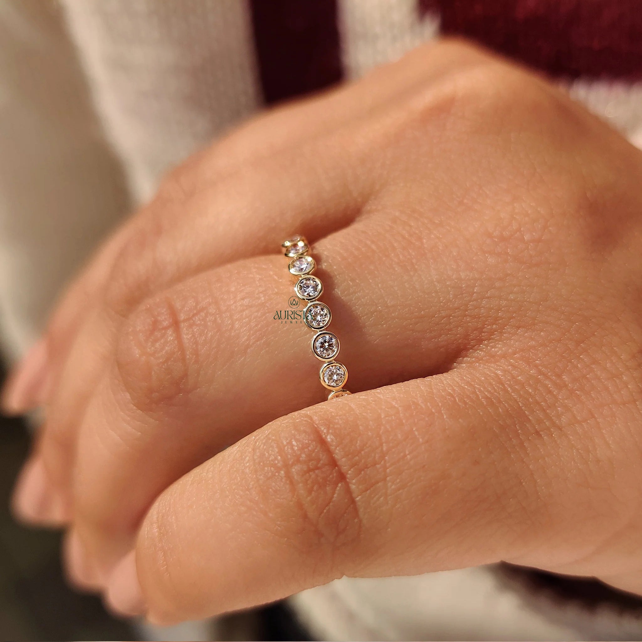 Bezel Set Moissanite Diamond Eternity Band, Round Gold Stackable Wedding Ring for Her