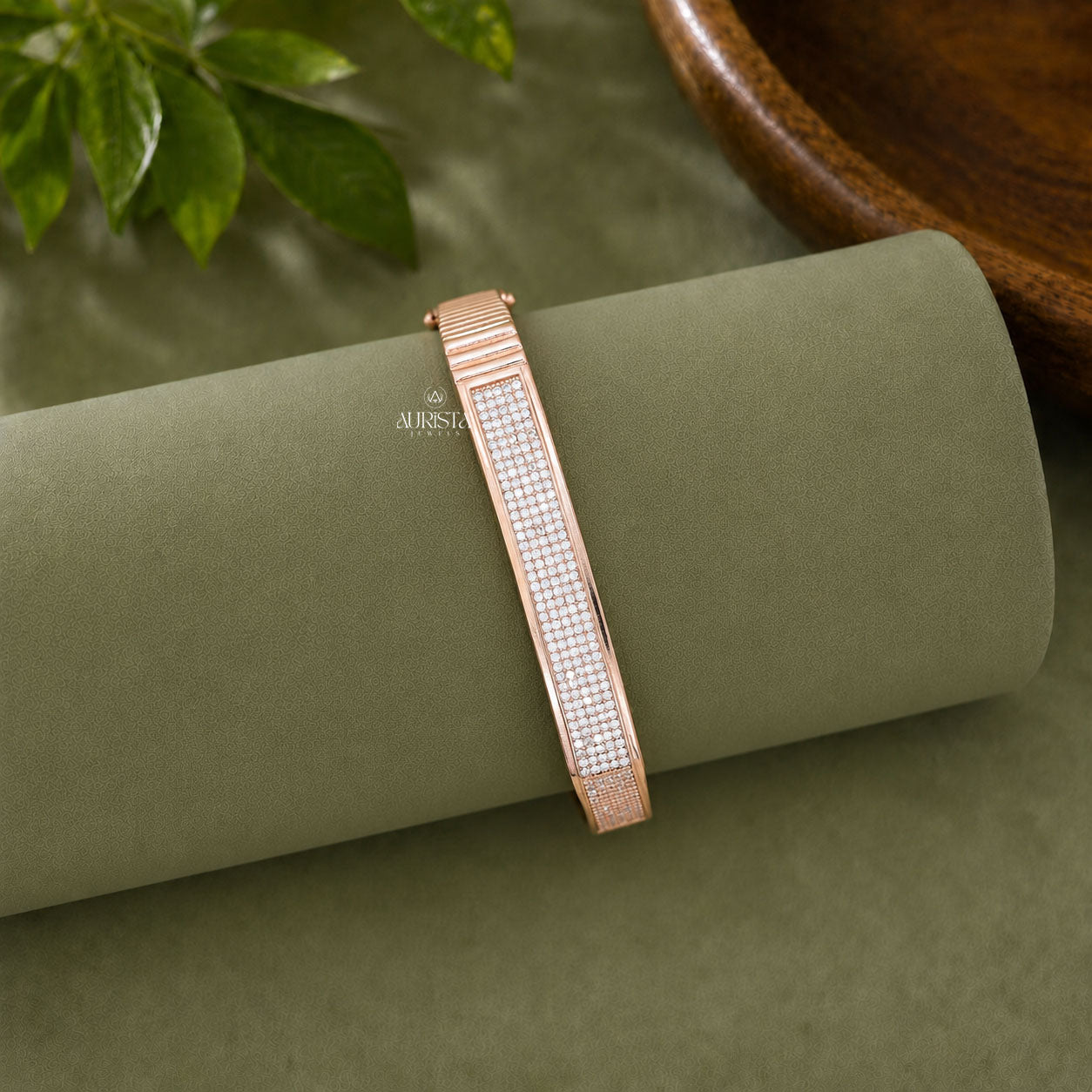 Round Moissanite Pave Bar Bangle - Rose Gold Micro Pave ID Bar Cuff Statement Bracelet