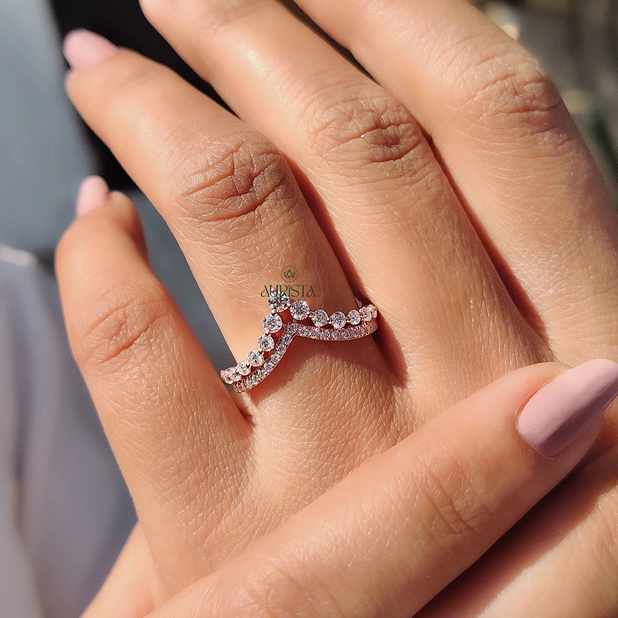 Rose Gold Chevron Lab Grown Diamond Wedding Band Curved Double Row Stackable Ring