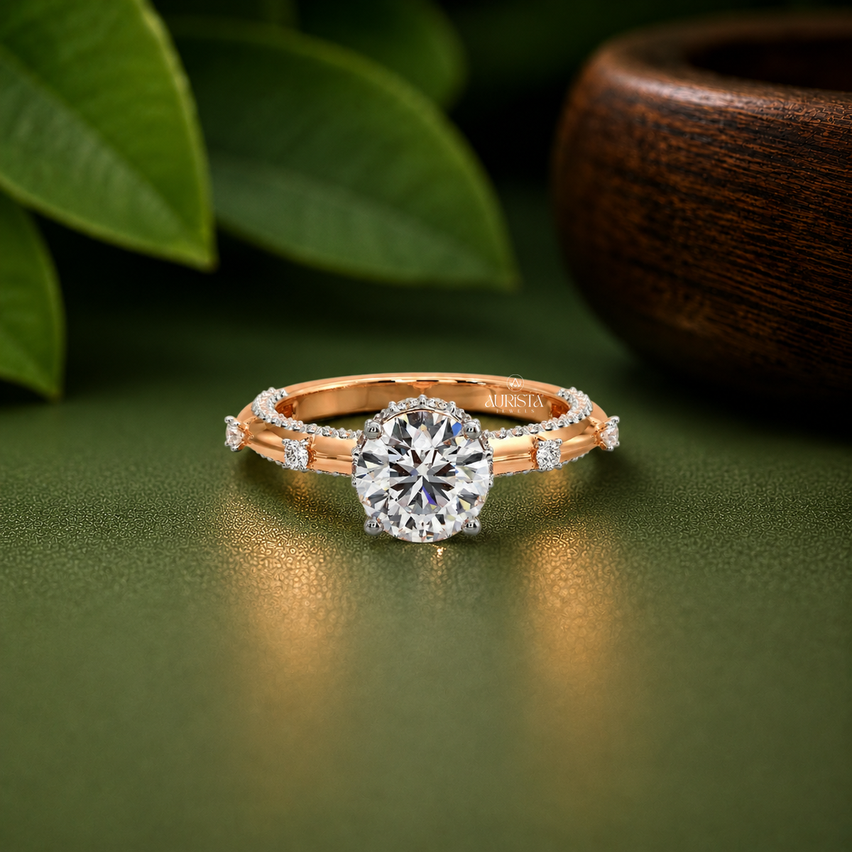 Round Moissanite Diamond Ring, Rose Gold Engagement Ring With Hidden Halo Side Stones